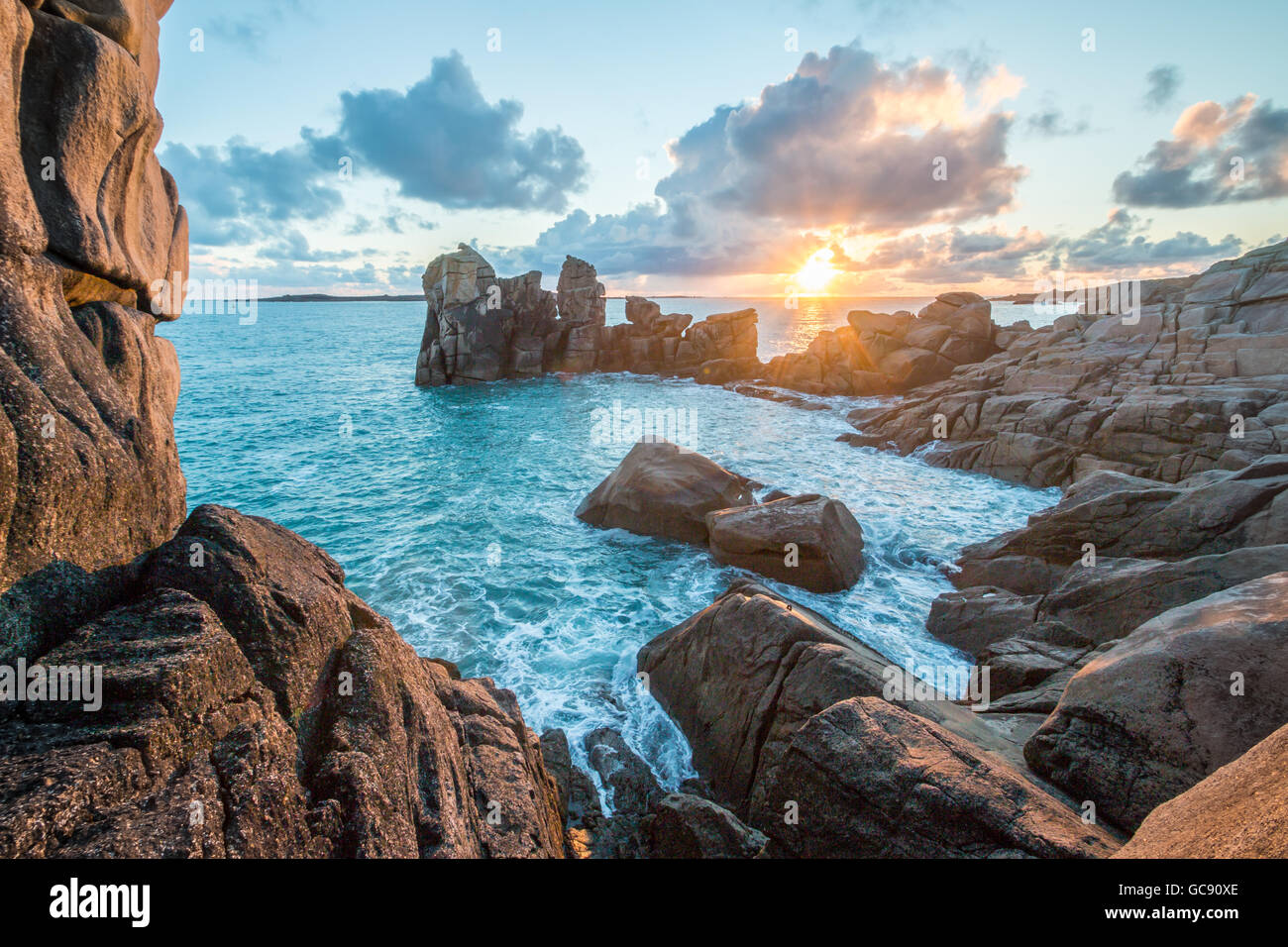 The outer head of Penninis cove at sunset, St Mary's, Isles of Scilly, March 2016 Stock Photo