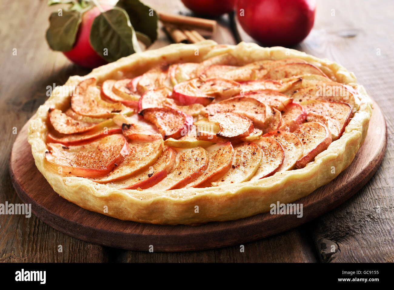 Apple pie on wooden table, close up view Stock Photo