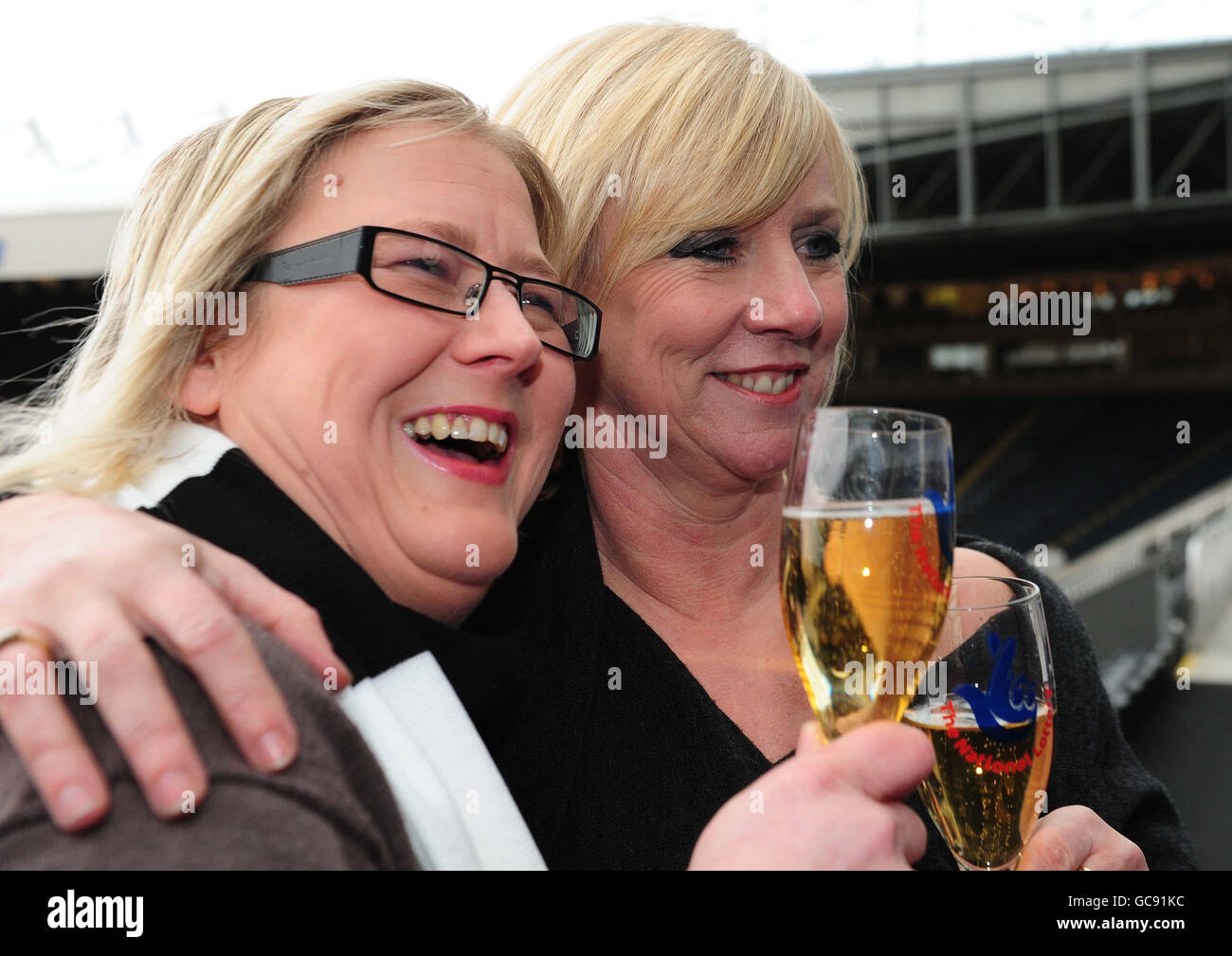 Lottery syndicate winners Pat Dale, 45, (right) and Julie McGregor at St James Park after the six members scooped a 10 million jackpot. Stock Photo