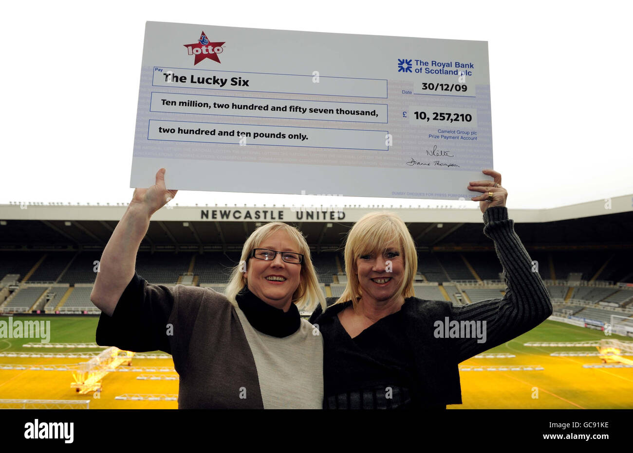 Lottery syndicate winners Pat Dale, 45, (right) and Julie McGregor at St James Park after the six members scooped a 10 million jackpot. Stock Photo
