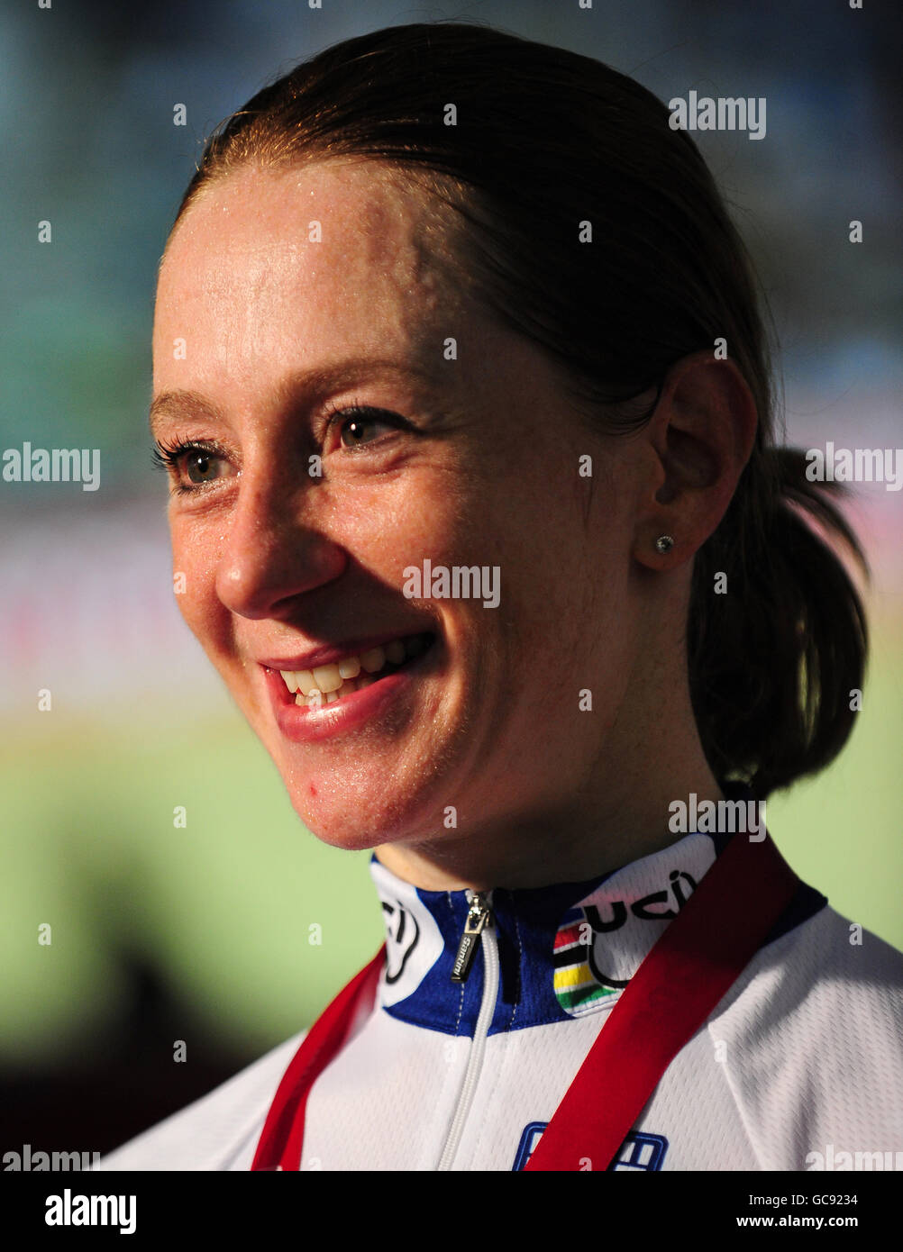 Great Britain's Wendy Houvenaghel talks to the press after winning the