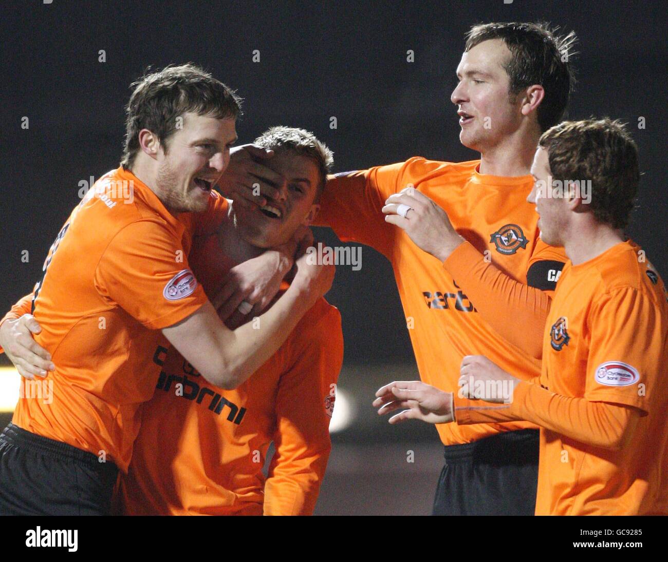 Dundee United's David Goodwillie celebrates the opening goal during the Clydesdale Bank Scottish Premier League match at Douglas Park, Hamilton. Stock Photo