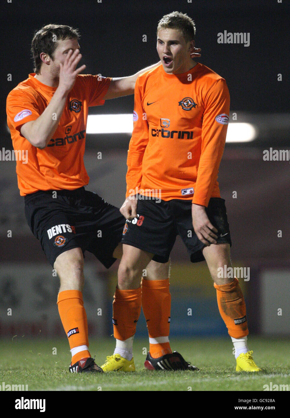 Dundee United's David Goodwillie celebrates the opening goal during the Clydesdale Bank Scottish Premier League match at Douglas Park, Hamilton. Stock Photo