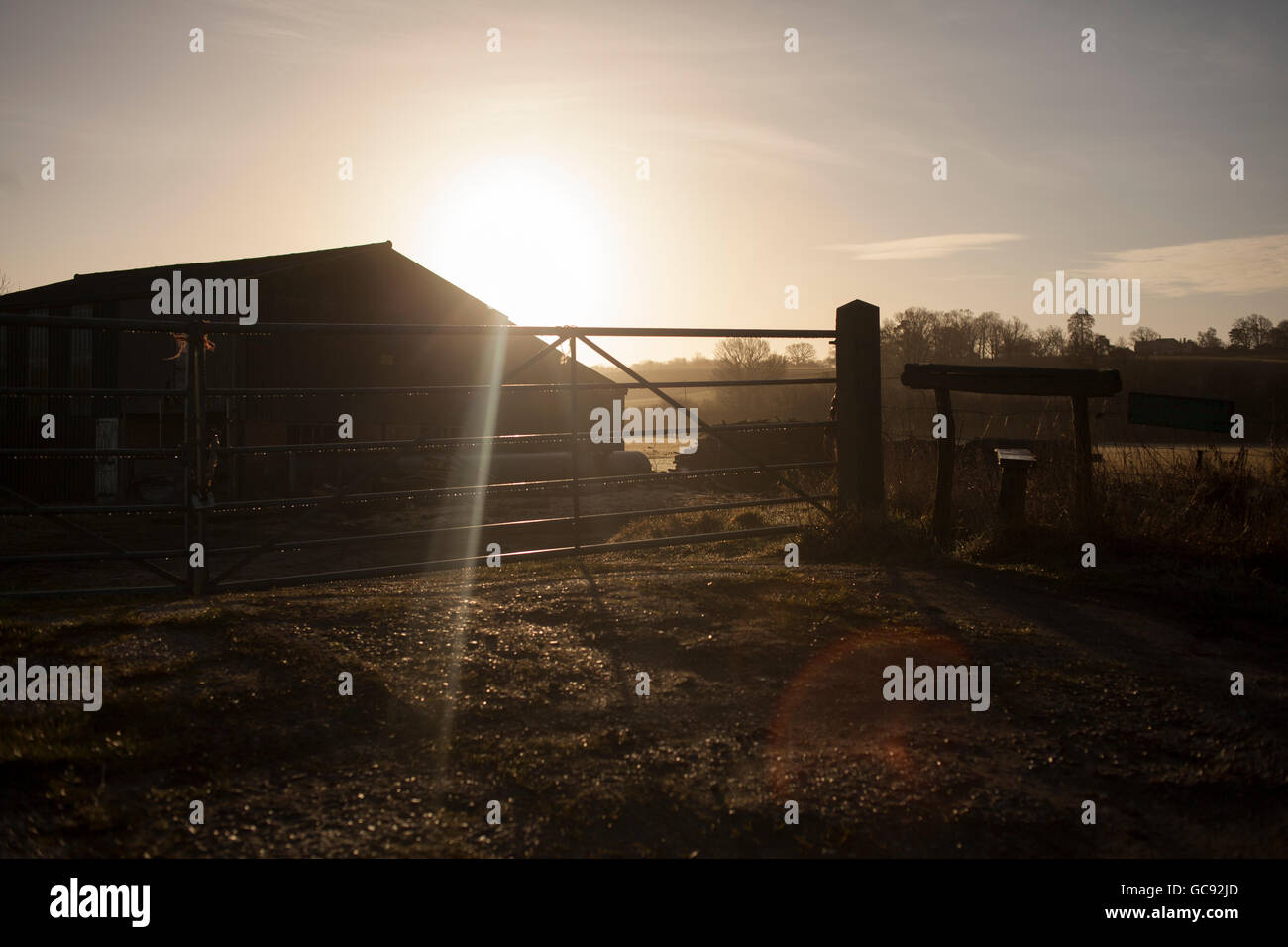 Early morning sunrise over a farm buidlng Stock Photo
