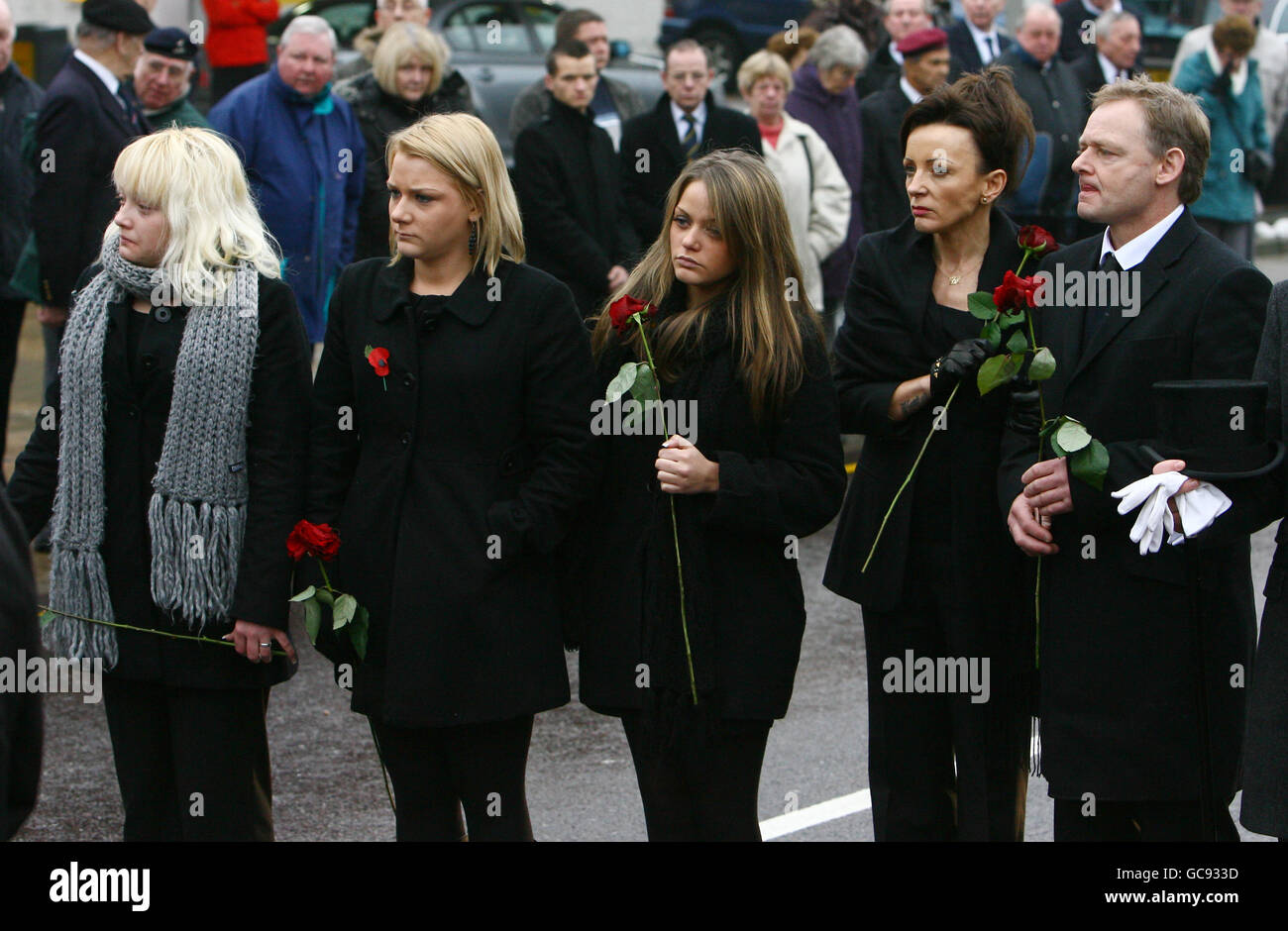 (2nd left - right) sisters, Samantha Brown and Stephanie Brown and parents, Tracy Leslie and Stephen Brown, of Rifleman James Brown of 3rd Battalion The Rifles, follow his coffin through the streets of Petts Wood, Kent following his death in Afghanistan. Stock Photo