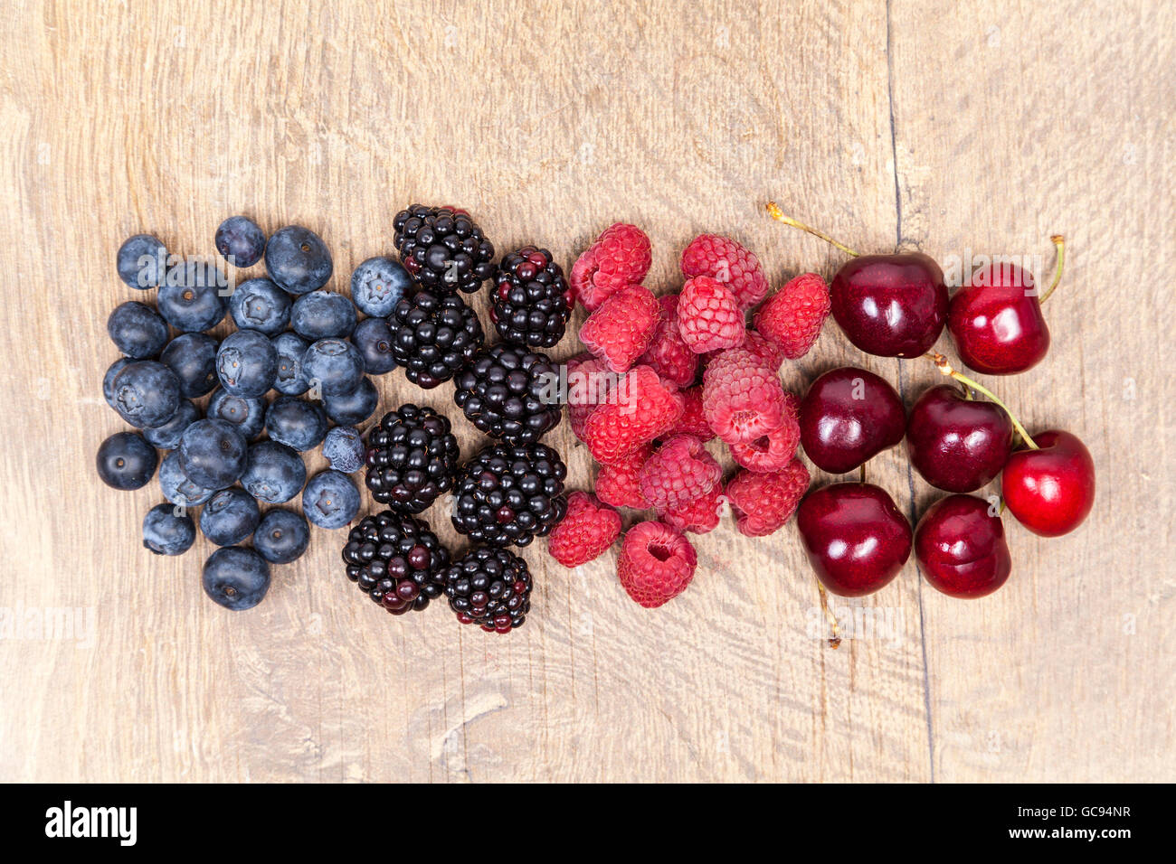 Blueberry, raspberry, blackberry and cherry fruits Stock Photo
