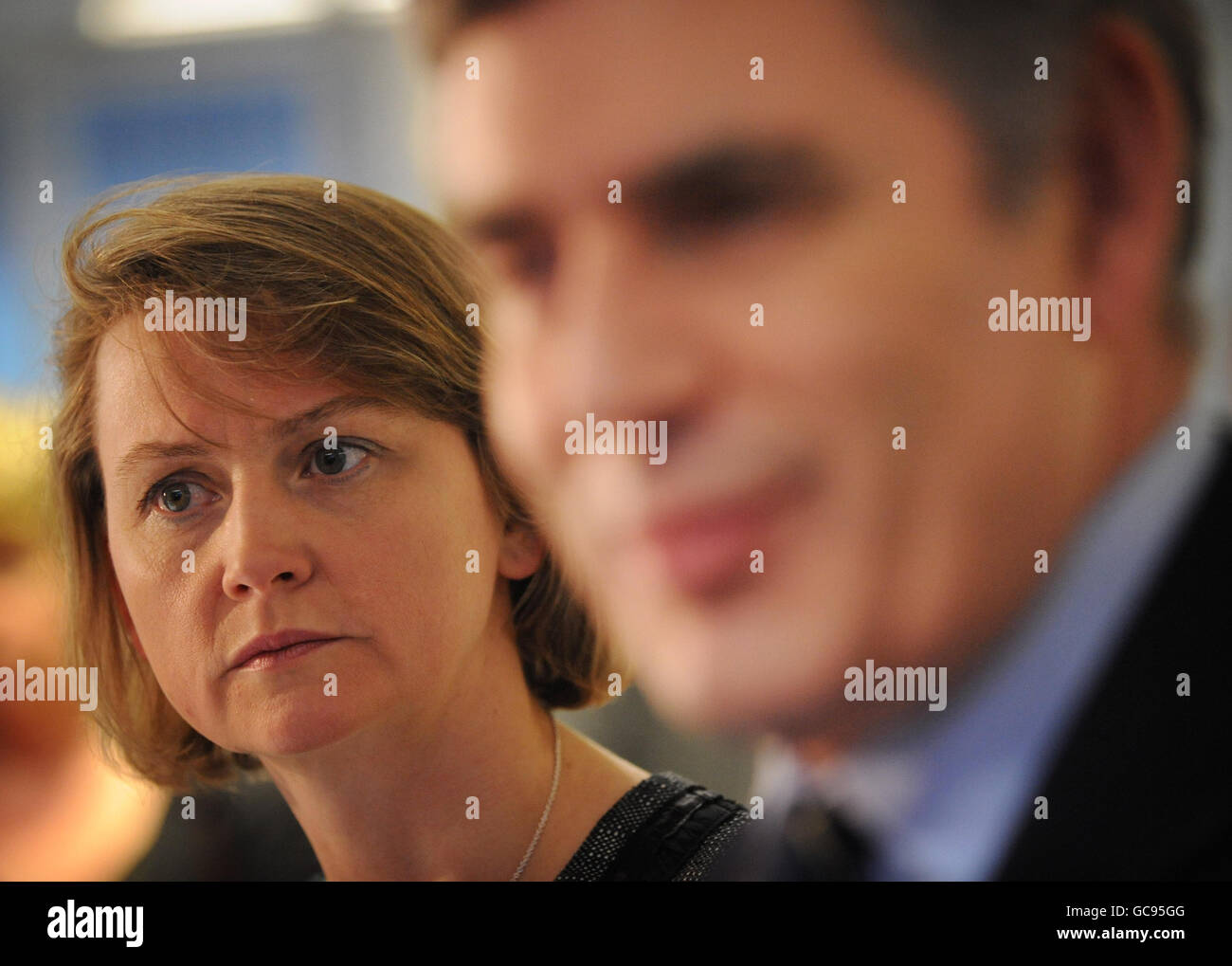 Prime Minister Gordon Brown and Work and Pensions Secretary Yvette Cooper visit a Job Centre Plus in Marylebone, central London, where they met staff. Stock Photo