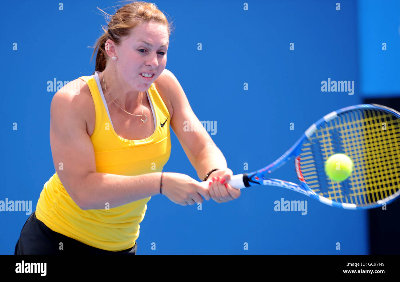 Tennis - Australian Open 2010 - Day Four - Melbourne Park. Australia's Sally Peers during her doubles match with Great Britain's Laura Robson against USA's Jill Craybas and Abigail Spears Stock Photo