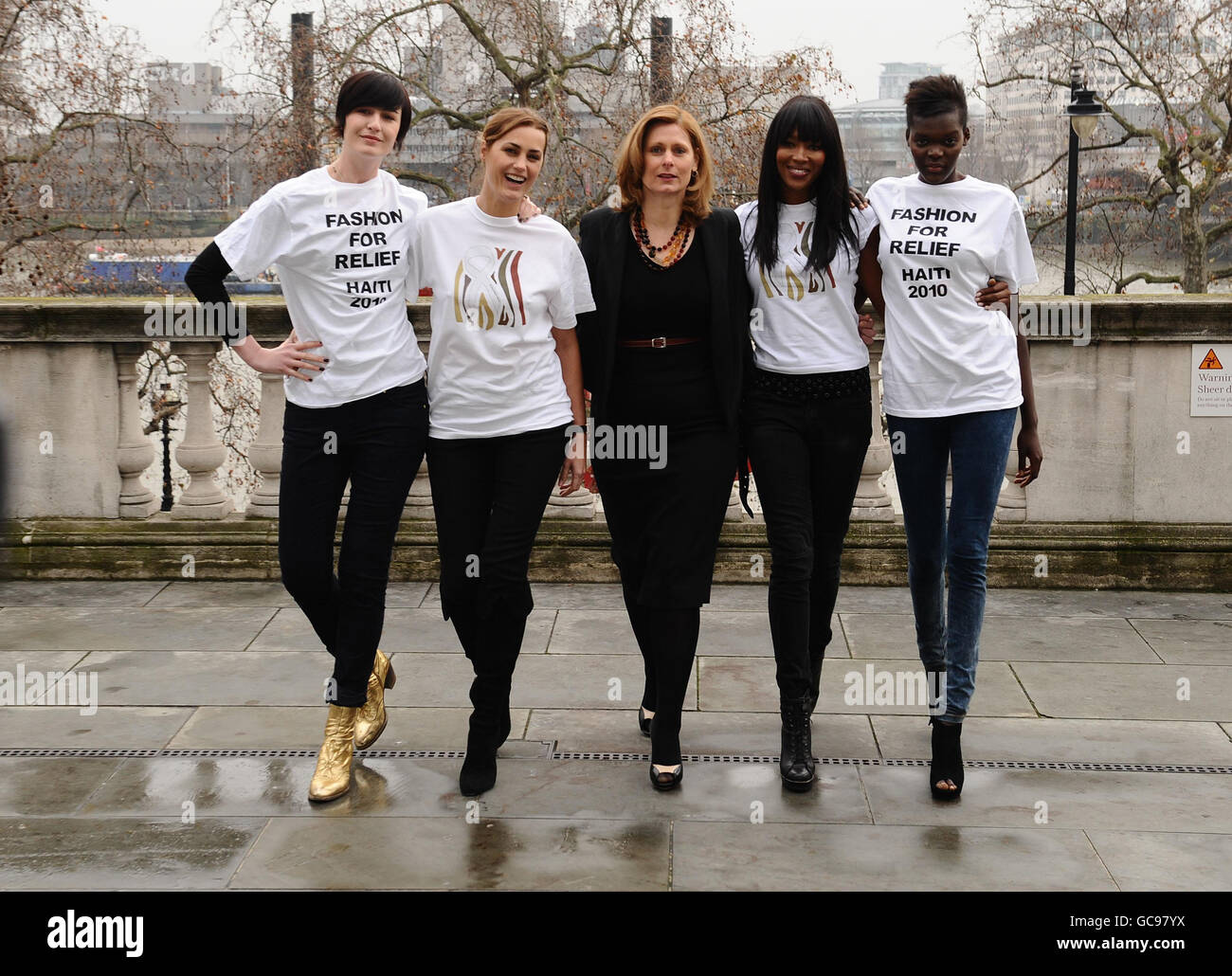 (from left) Erin O'Connor, Yasmin Le Bon, Prime Minister's wife Sarah Brown, Naomi Campbell and Sheila Atim at the launch of Naomi's Fashion For Relief campaign to help raise money for the mothers and babies that have been affected by the earthquake in Haiti. Stock Photo