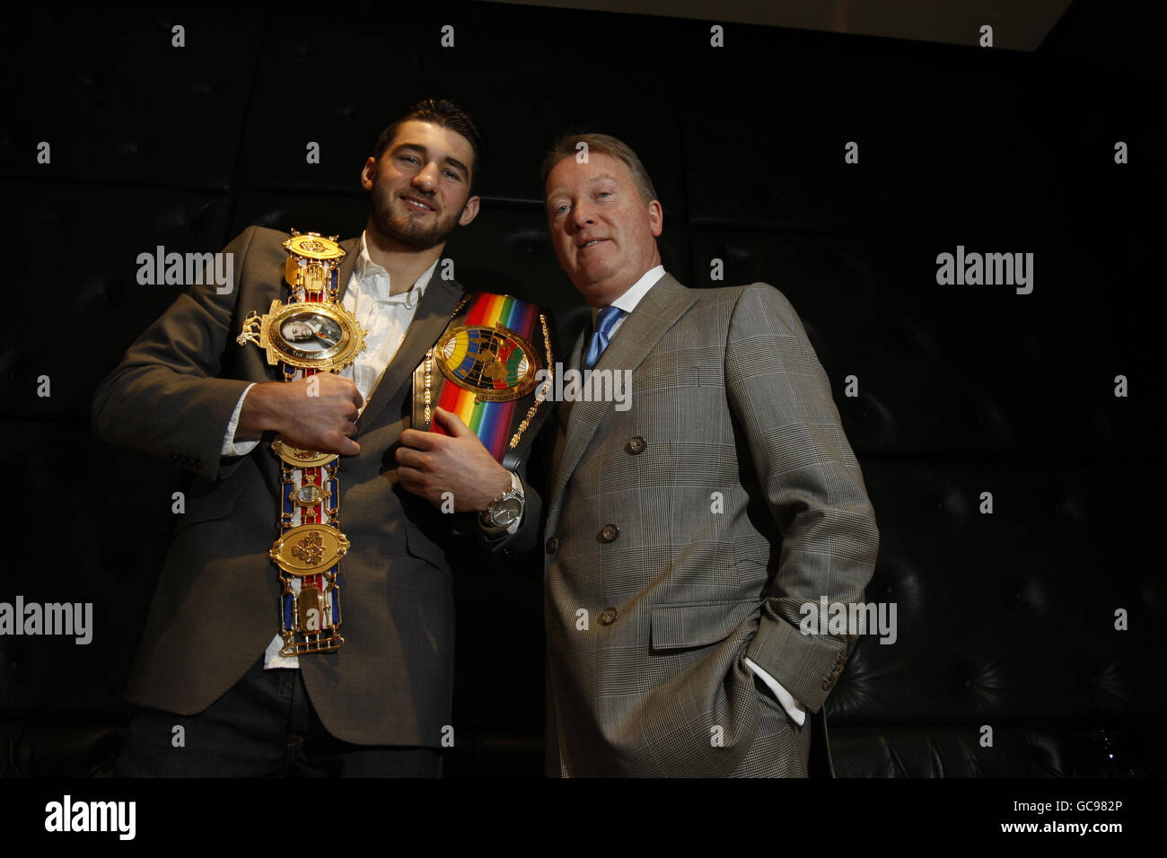 British boxer Nathan Cleverly (left) and promoter Frank Warren (right) during a press conference at The Little Italy, London. Stock Photo