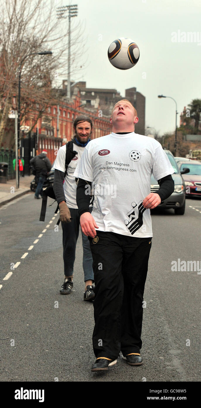 Dan Magness sets off from Fulham Football club as he begins his World