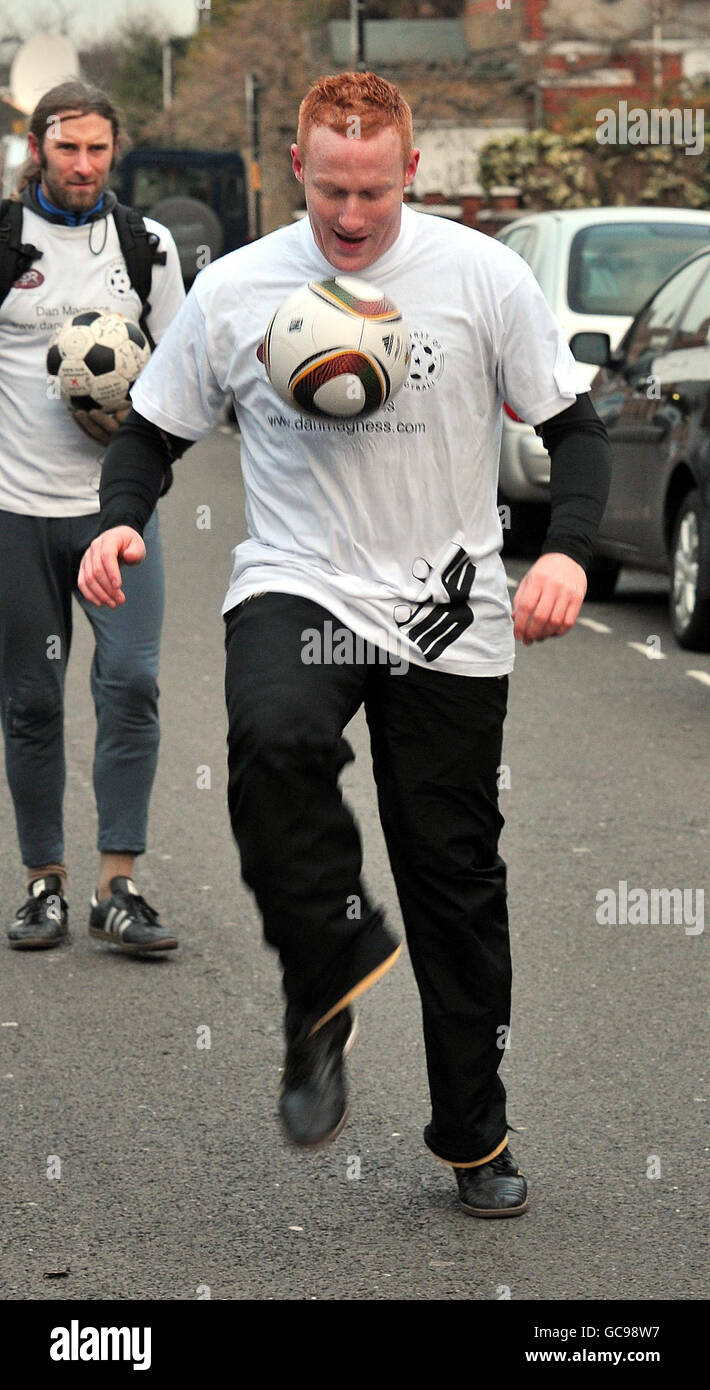 Dan Magness sets off from Fulham Football club as he begins his World