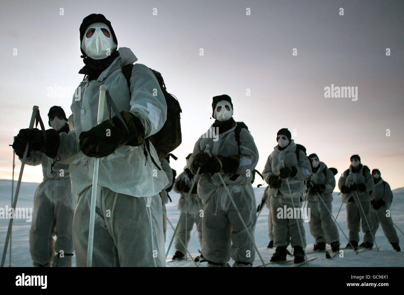 Royal Marines from 45 Commando during a ten week winter warfare training exercise in the extreme cold conditions within the Arctic Circle at Innset, Norway. Stock Photo