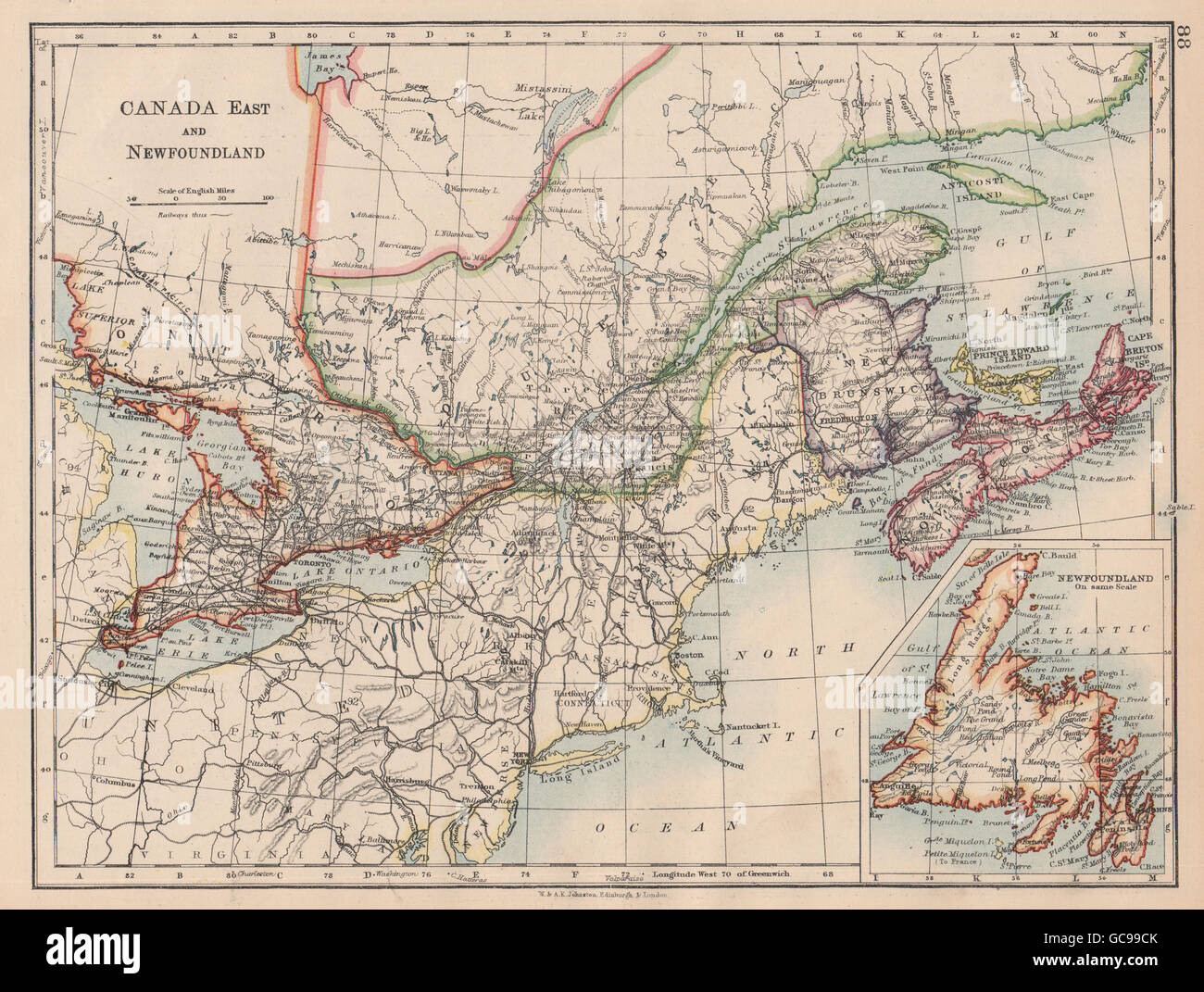 Map Of Eastern Canada Ontario To Newfoundland Eastern Canada. Ontario Quebec Maritime Provinces Nb Pe Ns. Johnston, 1897  Map Stock Photo - Alamy