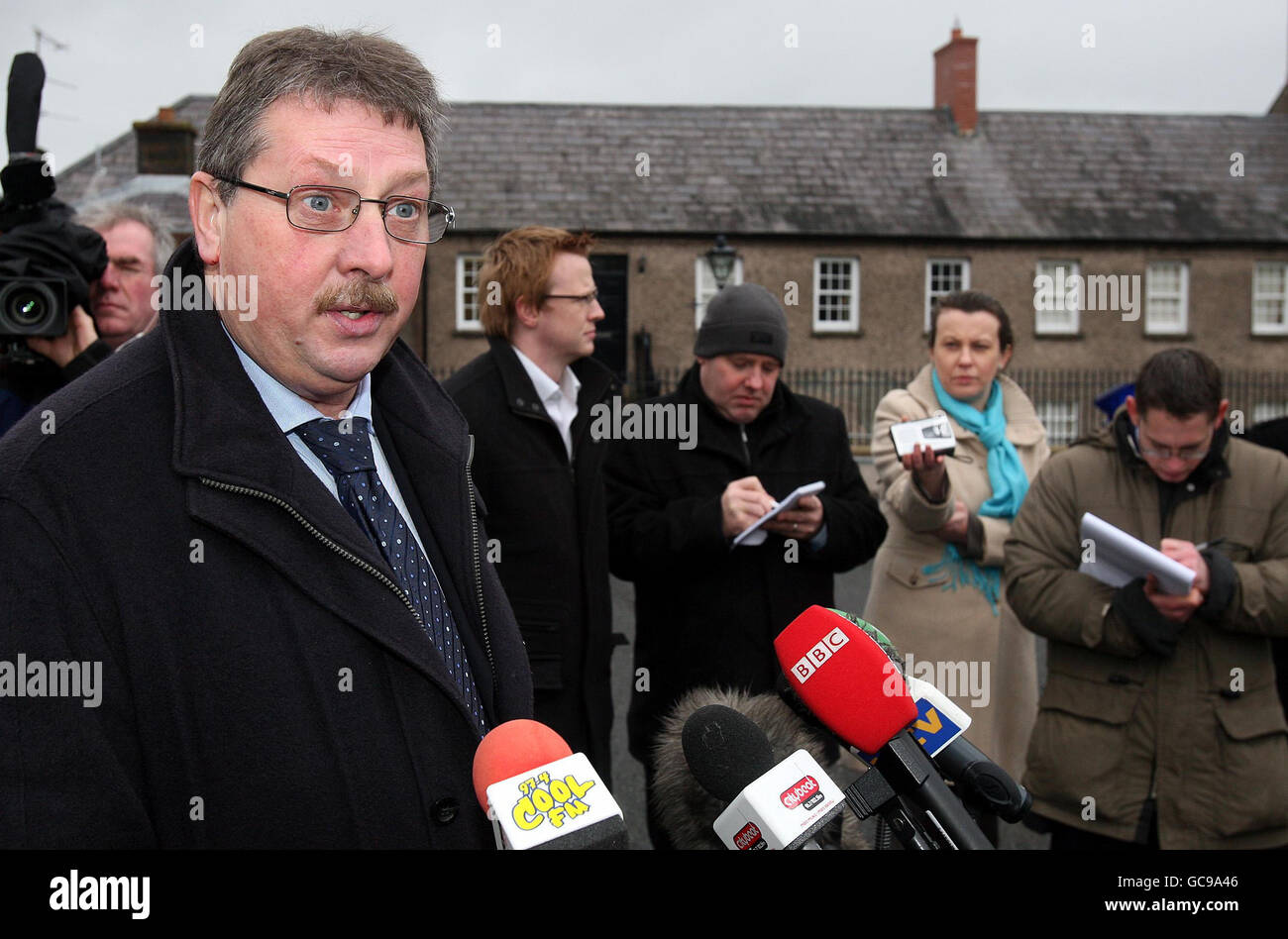 Sammy Wilson of the DUP,speaking to the media outside Hillsborough Castle, Belfast as talks continue between the political parties on Northern Ireland's power-sharing deal. Stock Photo