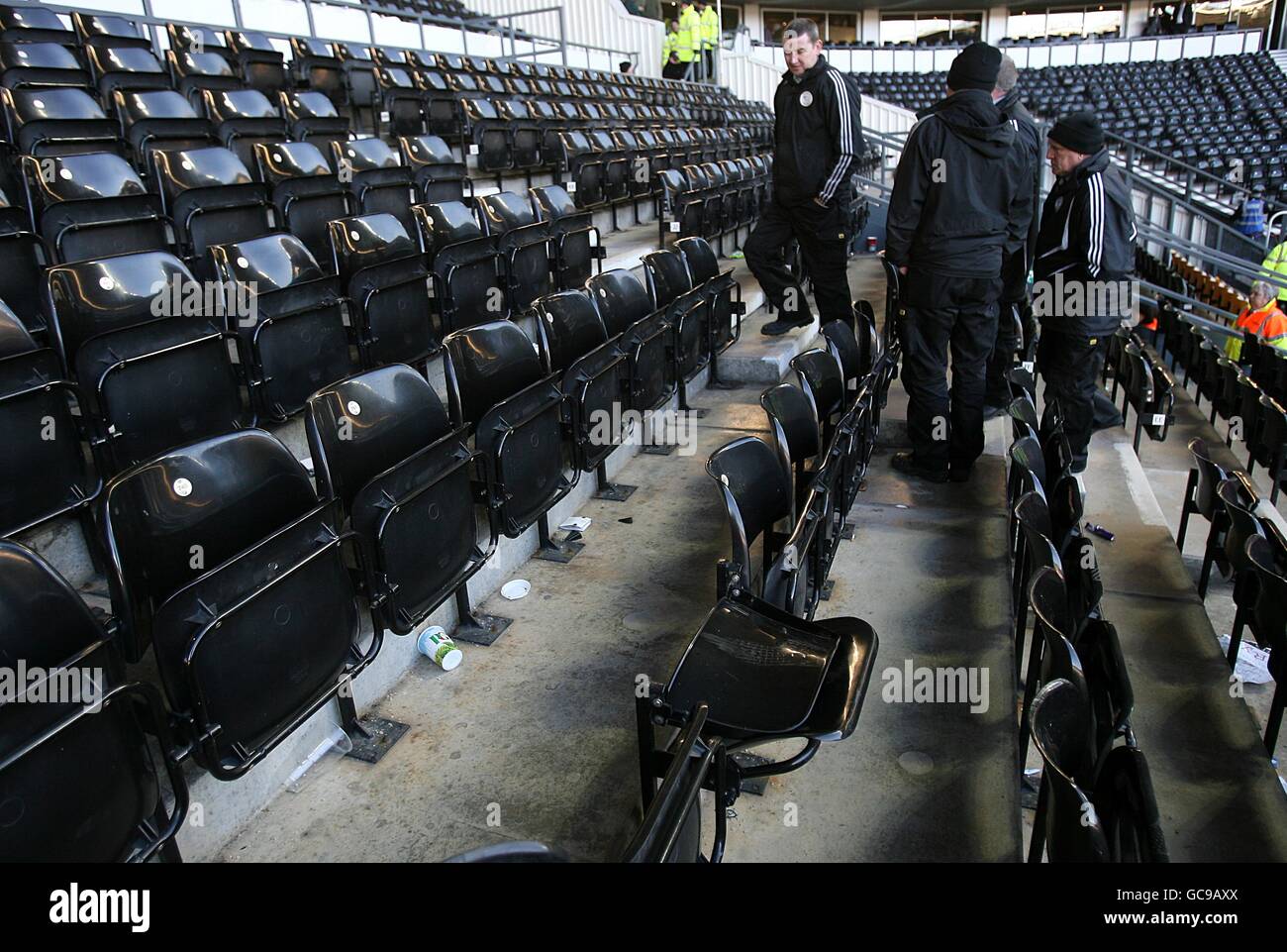 Soccer - Coca-Cola Football League Championship - Derby County v Nottingham Forest - Pride Park Stadium. Broken seats in the away end after the game Stock Photo