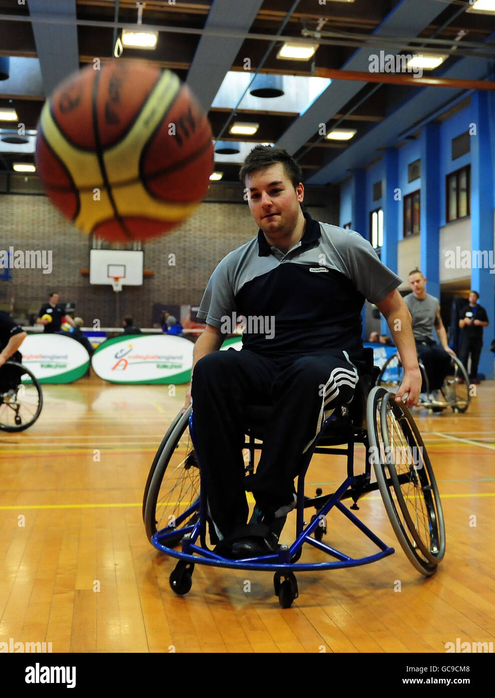 Press Association Journalist Alex Brooker takes part in the Basketball event of the ParalympicsGB London 2012 talent assessment day at the Munrow Sports Centre at the University of Birmingham. Stock Photo