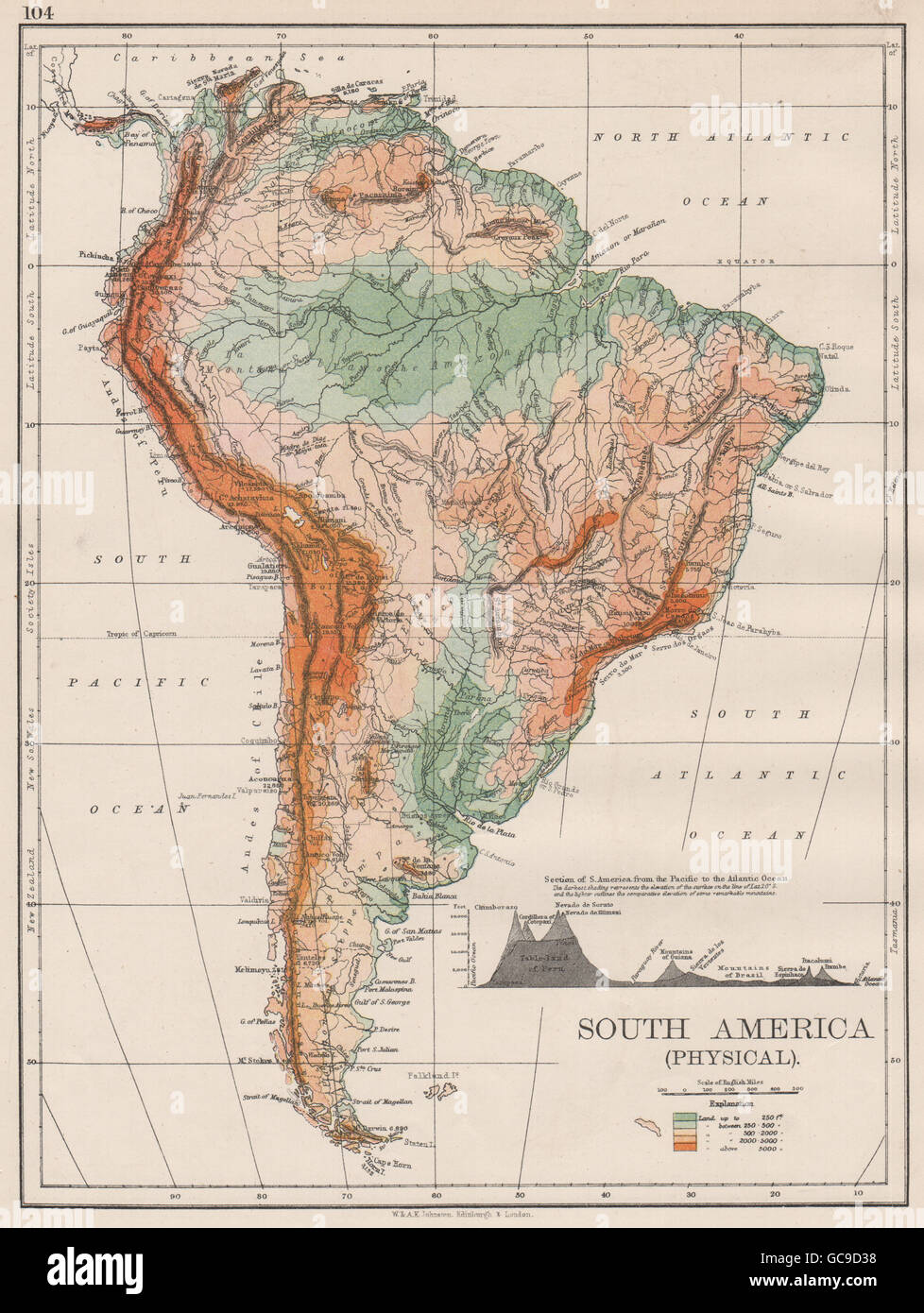 Western South America Map South America Physical. Inset West-East Cross Section. Johnston, 1897 Old  Map Stock Photo - Alamy