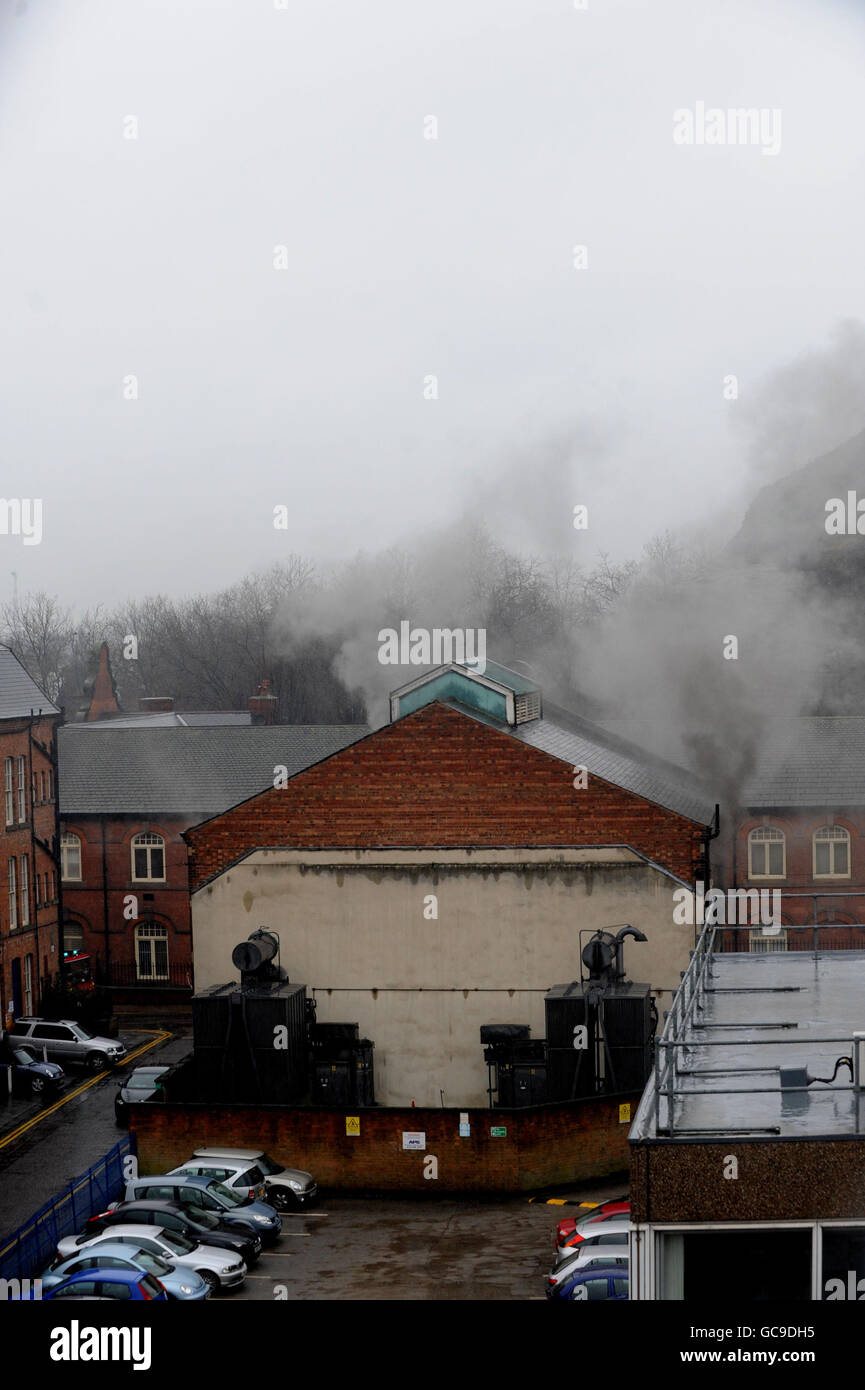 The fire in Nottingham city centre where an electricity substation fire has put over 2000 homes and businesses in Nottingham without electricity. Stock Photo