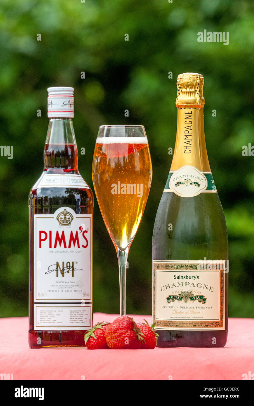 The classic drink Pimms and a selection of summer mixers Stock Photo