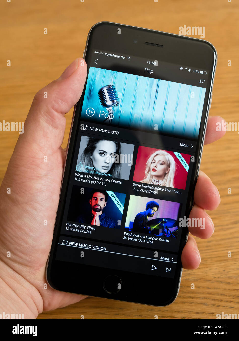 Detail of Tidal music streaming app screen  on iPhone 6 smart phone Stock Photo