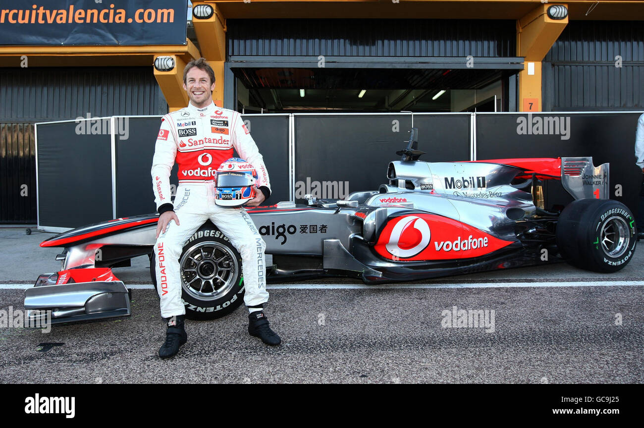 Great Britain's Jenson Button poses with the new McLaren MP4-25 during the  Formula One Testing Session at the Circuit de la Comunitat Valenciana  Ricardo Tormo, Valencia, Spain Stock Photo - Alamy