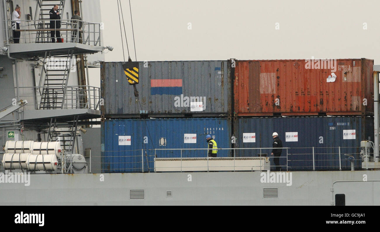 Containers on the RFA Largs Bay as the ship leaves Marchwood Military ...