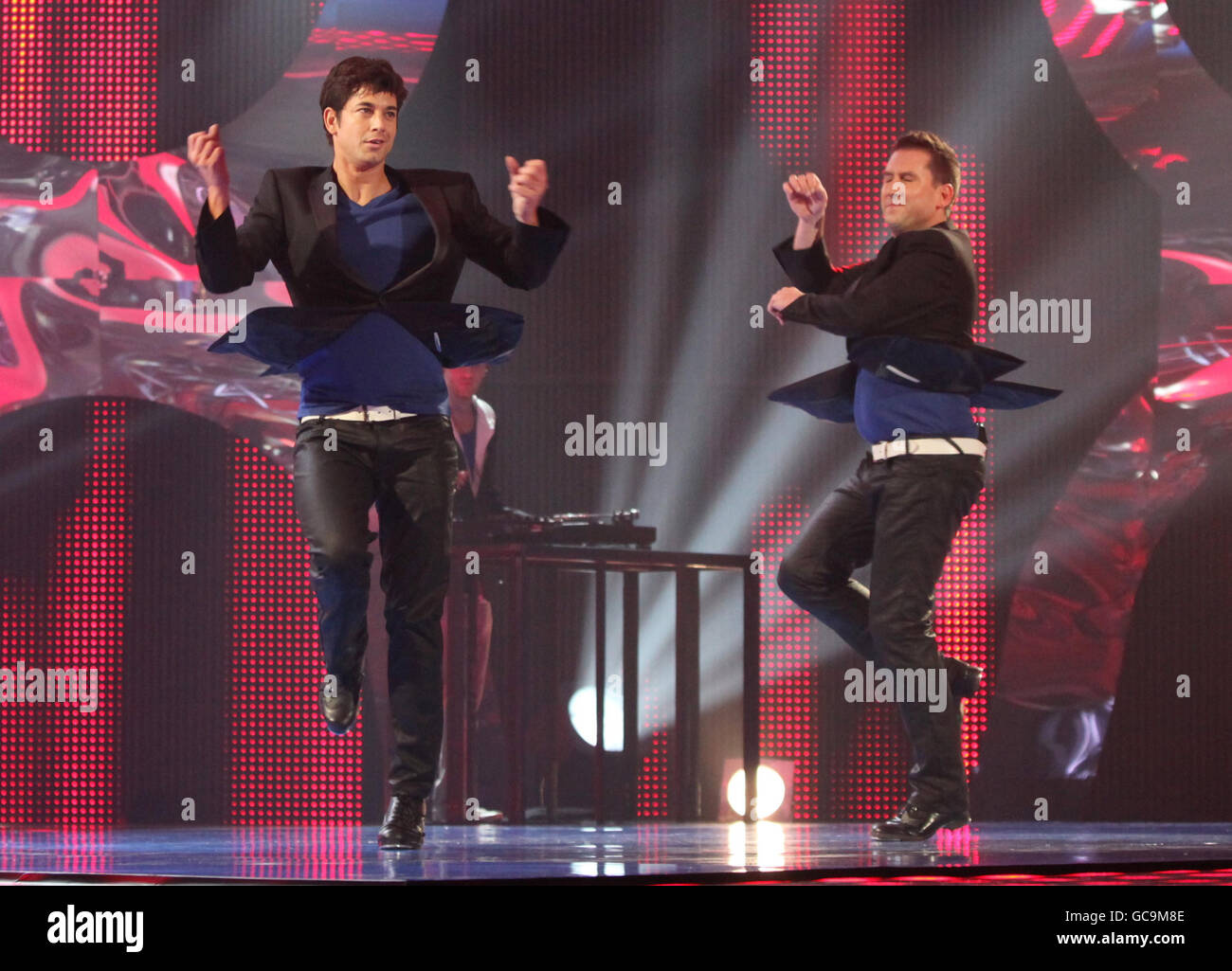 Judge Adam Garcia (left) and dancer Chris Howley perform a tap-dance  routine during the semi-final of Sky1's Got To Dance at Maidstone Studios,  Kent Stock Photo - Alamy