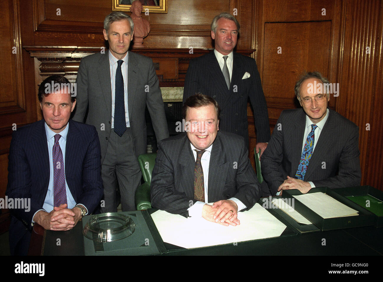 Chancellor Kenneth Clarke (centre) shows off his new treasury team following a cabinet reshuffle. (l-r) Chief Secretary Jonathan Aitken, Paymaster General David Heathcoat-Amory, Mr Clarke, Economic Secretary Anthony Nelson and Financial Secretary Sir George Young. Stock Photo