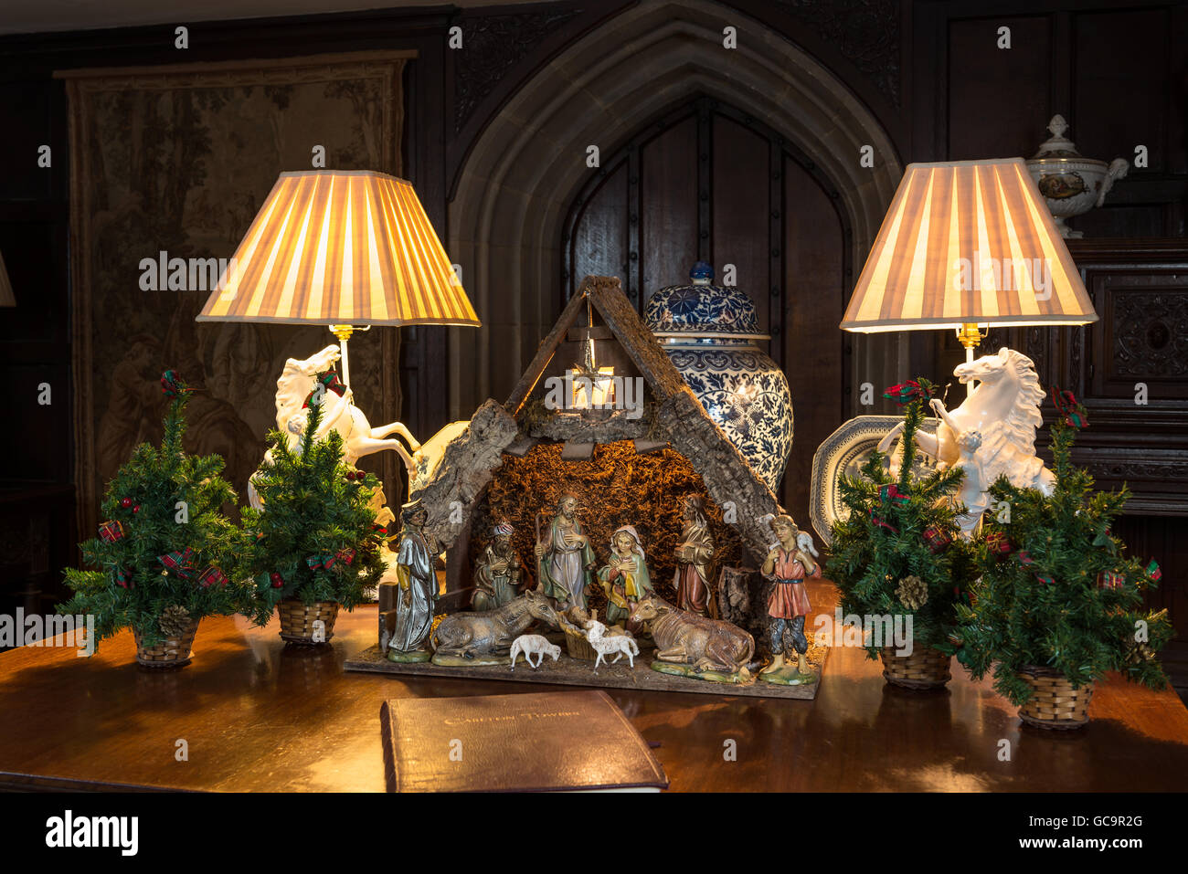 Equestrian lamps and nativity scene in Grade I listed, Victorian gothic Carlton Towers, East Riding Stock Photo