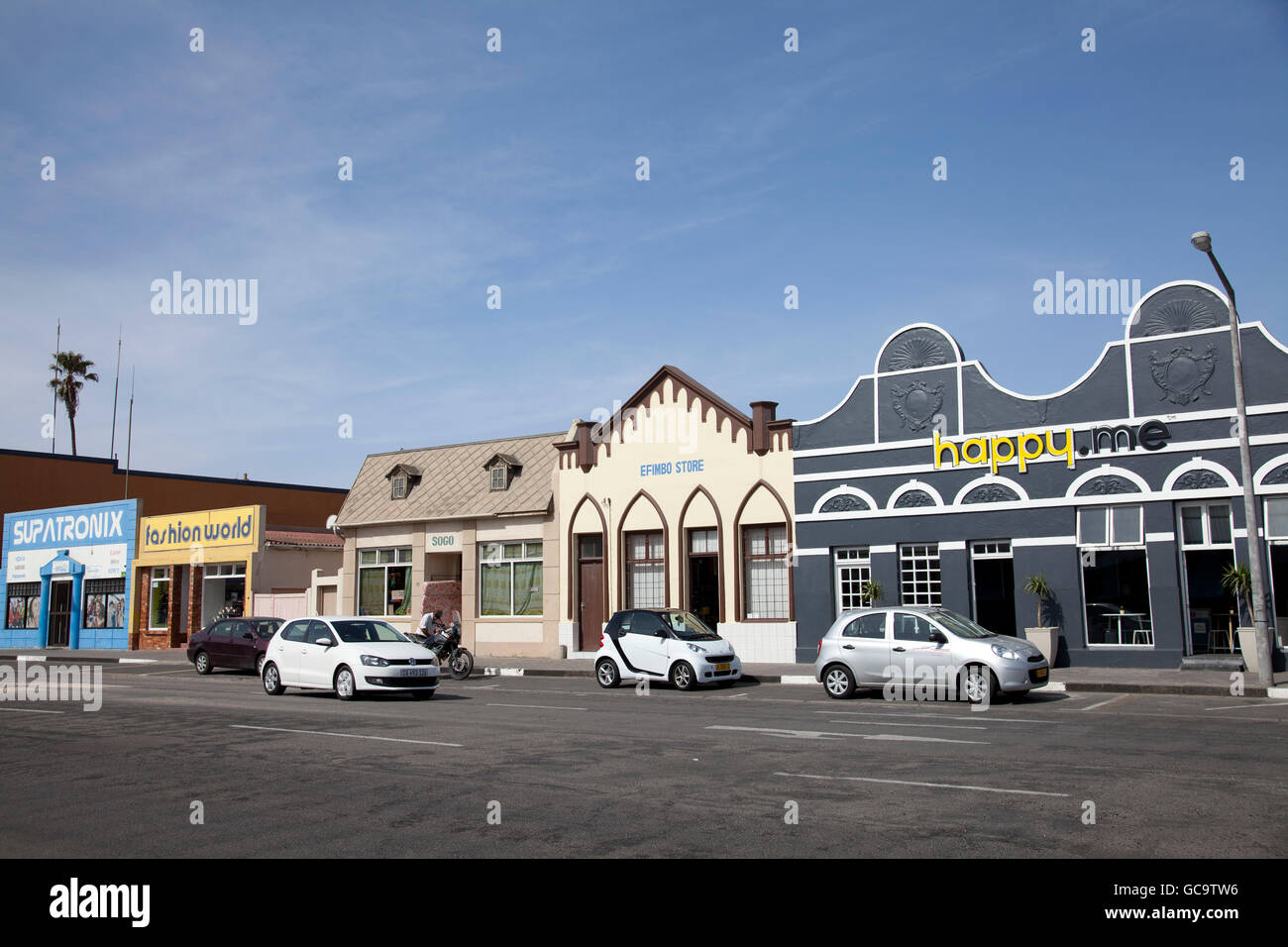 Shops on Sam Nujoma Avenue in Swakopmund - Namibia Stock Photo