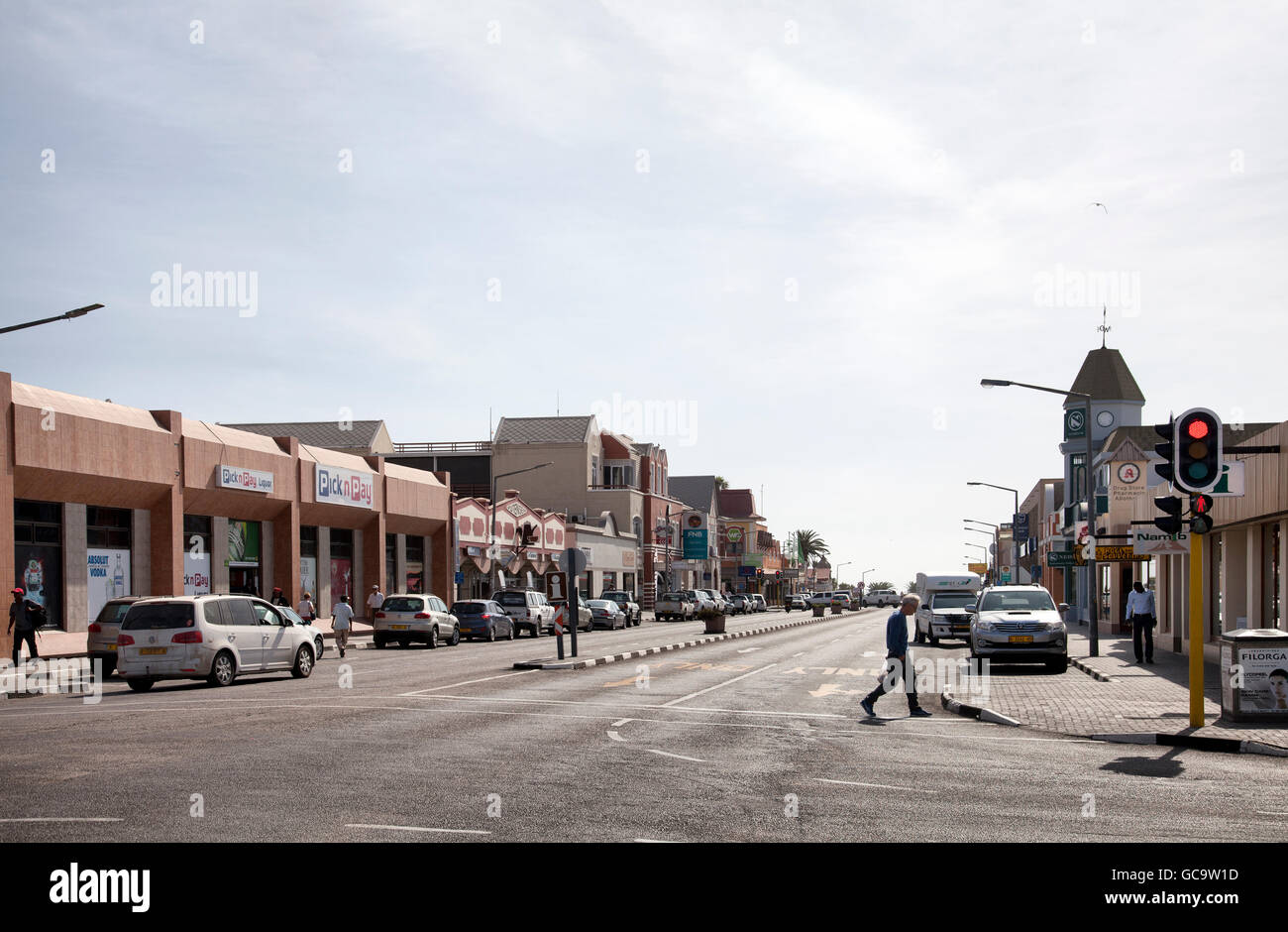 Sam Nujoma Avenue Retail and Traffic in Swakopmund - Namibia Stock Photo