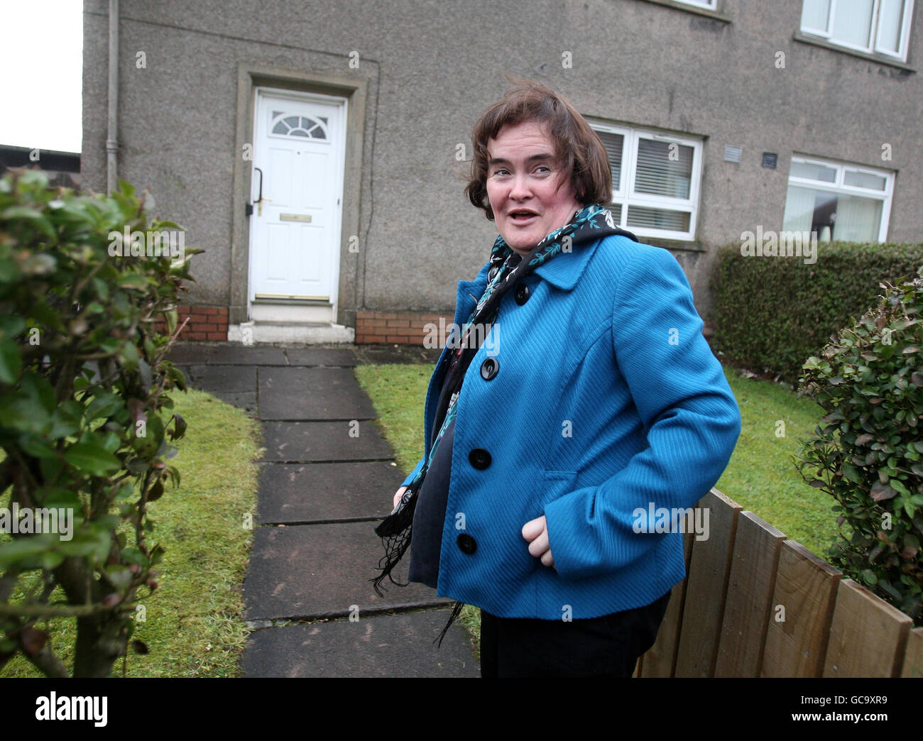 Susan Boyle outside her house in Blackburn, West Lothian. The singer