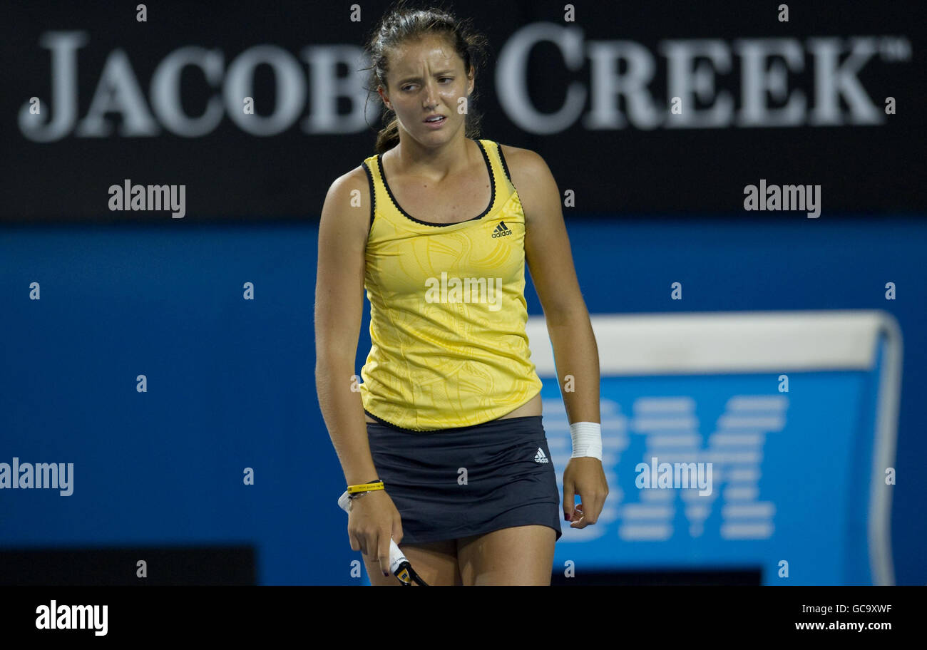 Great Britain's Laura Robson in her doubles match with Australia's Sally Peers against Russia's Maria Kirilenko and Poland's Agnieszka Radwanska during The Australian Open at Melbourne Park at Melbourne Park, Melbourne. Stock Photo