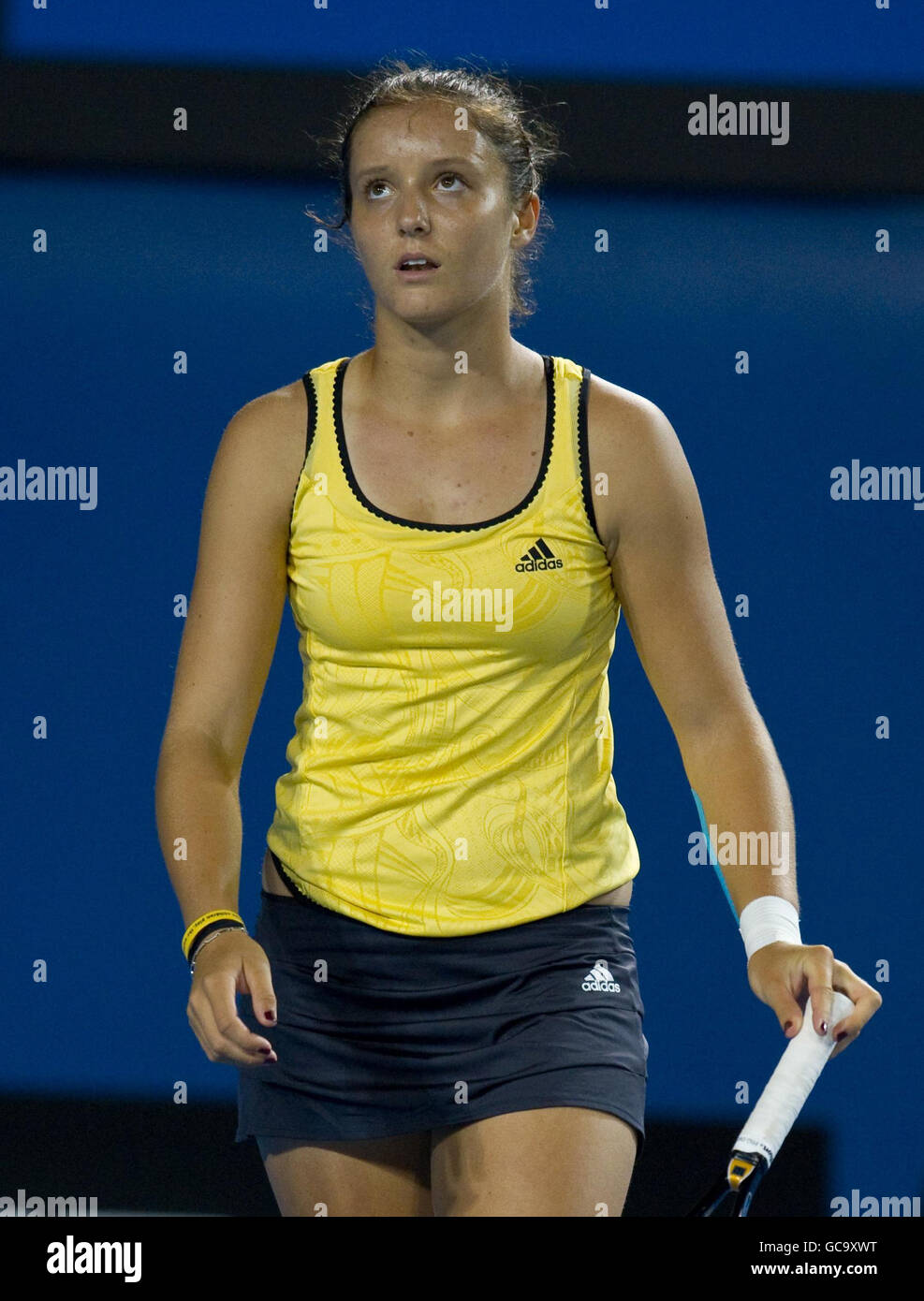 Great Britain's Laura Robson appears dejected in her doubles match with Australia's Sally Peers against Russia's Maria Kirilenko and Poland's Agnieszka Radwanska during The Australian Open at Melbourne Park at Melbourne Park, Melbourne. Stock Photo