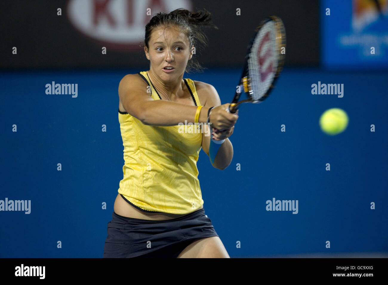 Great Britain's Laura Robson in her doubles match with Australia's Sally Peers against Russia's Maria Kirilenko and Poland's Agnieszka Radwanska during The Australian Open at Melbourne Park at Melbourne Park, Melbourne. Stock Photo