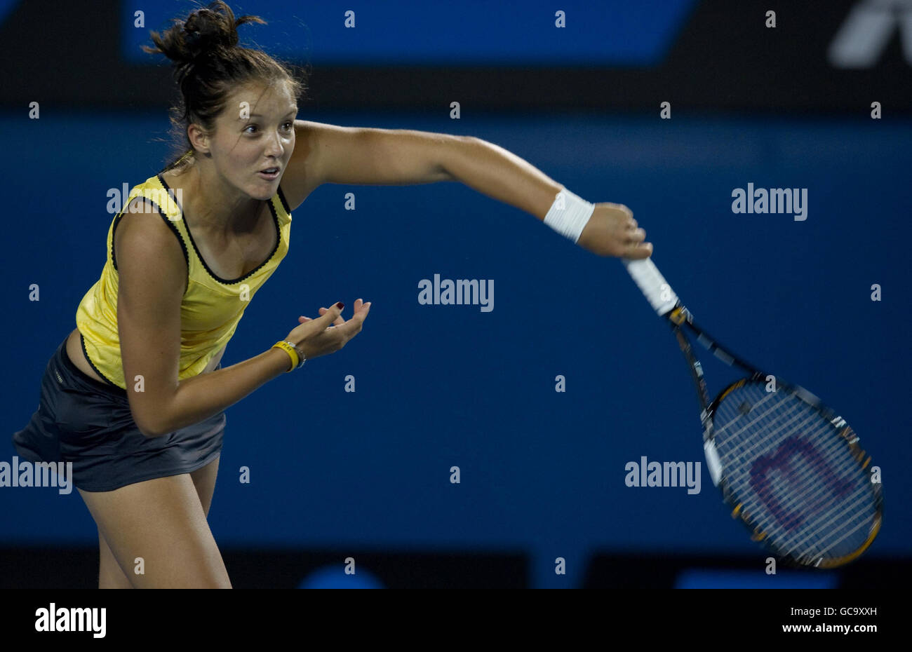 Great Britain's Laura Robson in her doubles match with Australia's Sally Peers against Russia's Maria Kirilenko and Poland's Agnieszka Radwanska during The Australian Open at Melbourne Park at Melbourne Park, Melbourne. Stock Photo