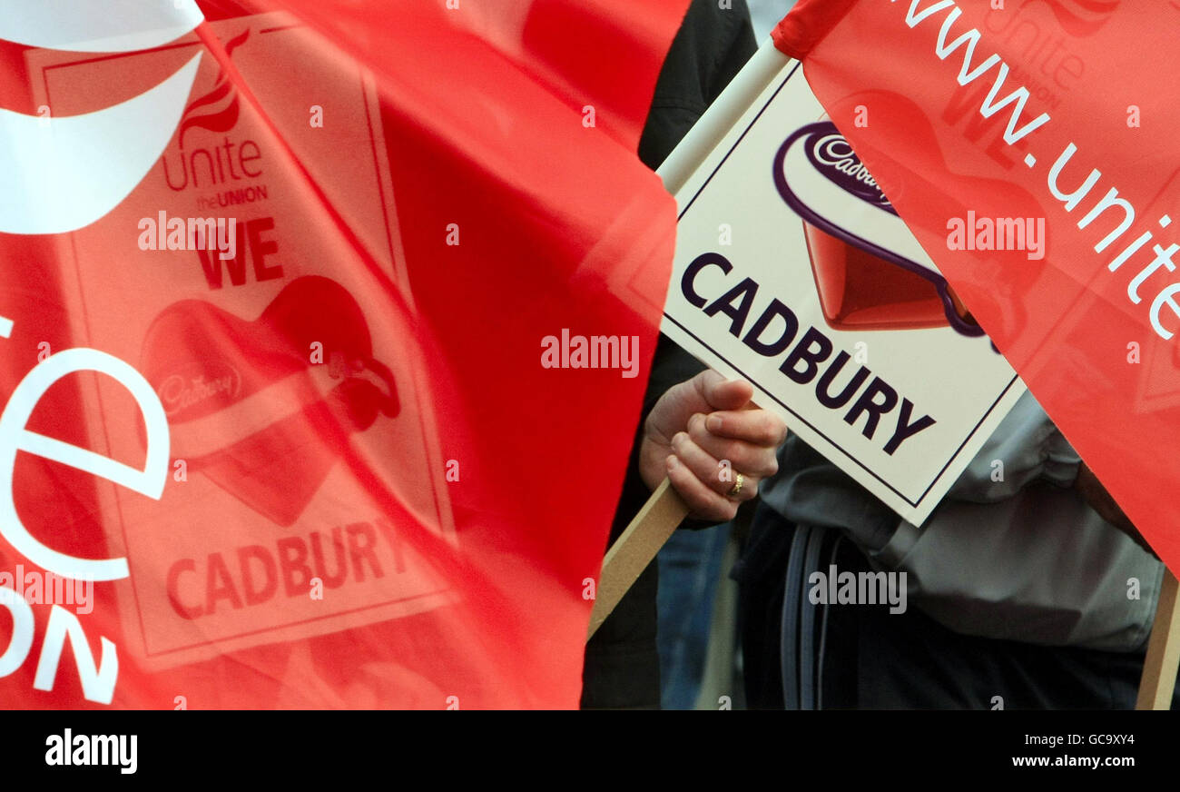 Cadbury workers and supporters gather at the 'rest house' on Bourneville village green today to protest at the proposed takeover of Cadbury's by US giant Kraft. Stock Photo