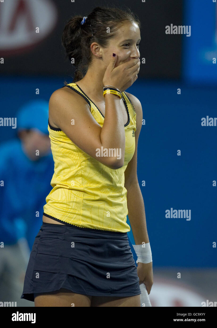 Great Britain's Laura Robson smiles in her doubles match with Australia's Sally Peers against Russia's Maria Kirilenko and Poland's Agnieszka Radwanska during The Australian Open at Melbourne Park at Melbourne Park, Melbourne. Stock Photo