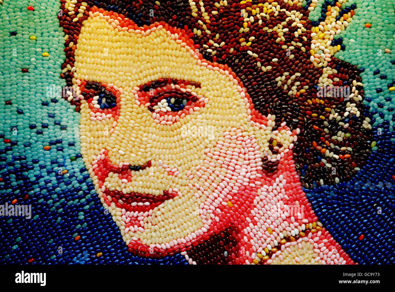 The 4ft square mosaic of Queen Elizabeth II currently on display in Fizziwig's Sweet Emporium which has been created by the firm Jelly Belly out of around 10,000 jelly beans. Stock Photo