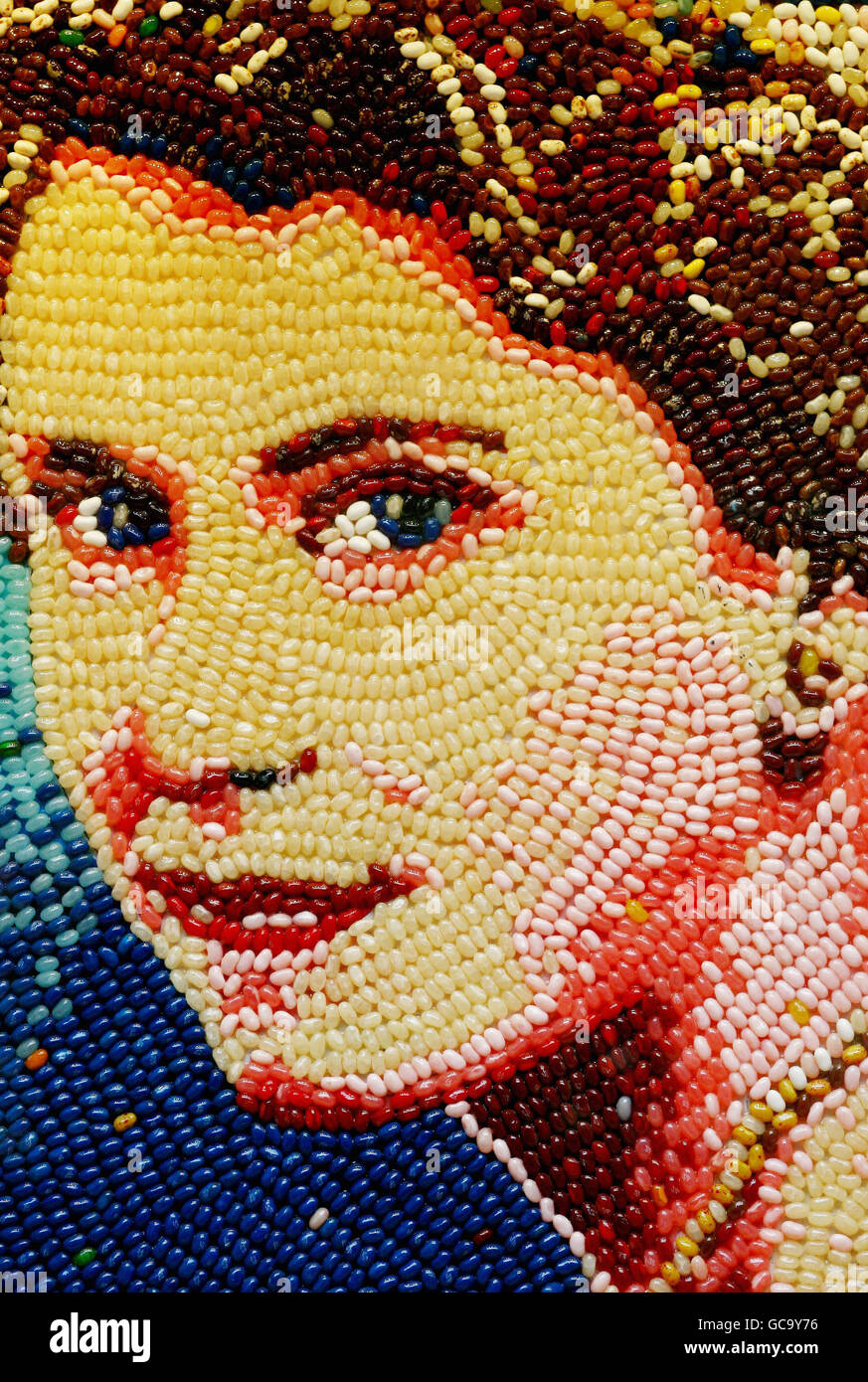The 4ft square mosaic of Queen Elizabeth II currently on display in Fizziwig's Sweet Emporium which has been created by the firm Jelly Belly out of around 10,000 jelly beans. Stock Photo