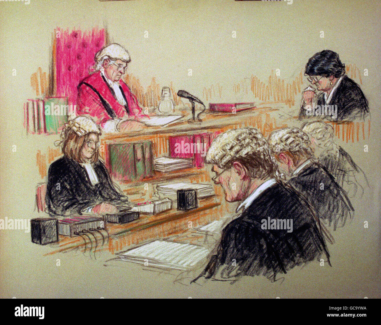AN ARTIST'S IMPRESSION OF THE COURTROOM IN THE ROSEMARY WEST TRIAL AS TAPE RECORDINGS OF FRED WEST ARE PLAYED. Stock Photo