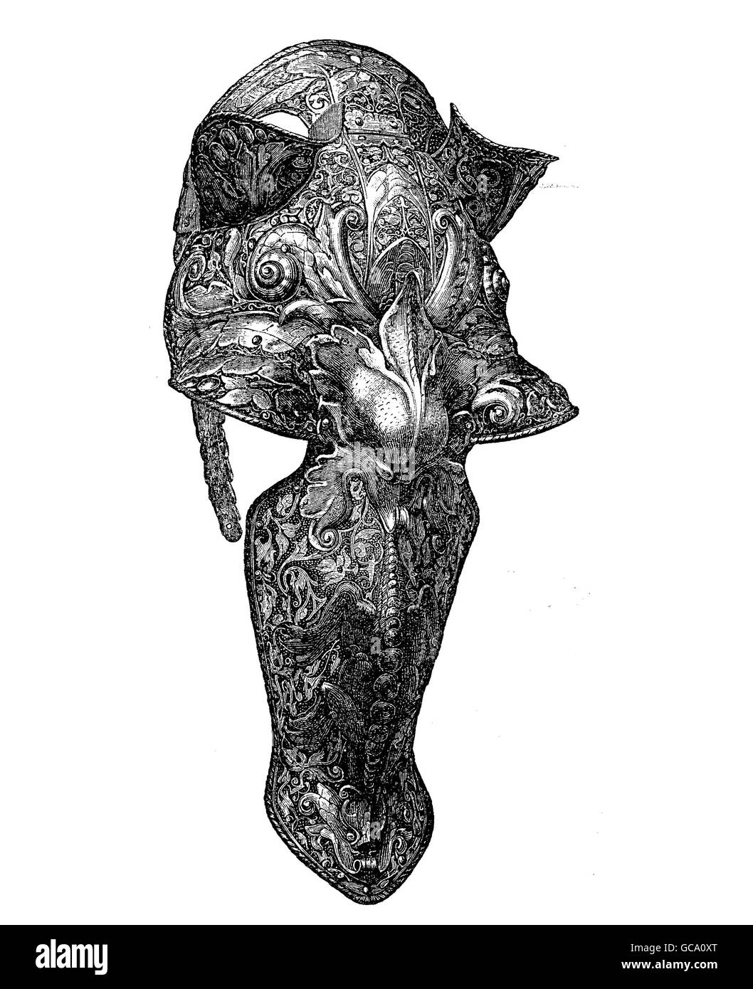 Renaissance, chanfron decorated embossed armor to protect the horse face Stock Photo