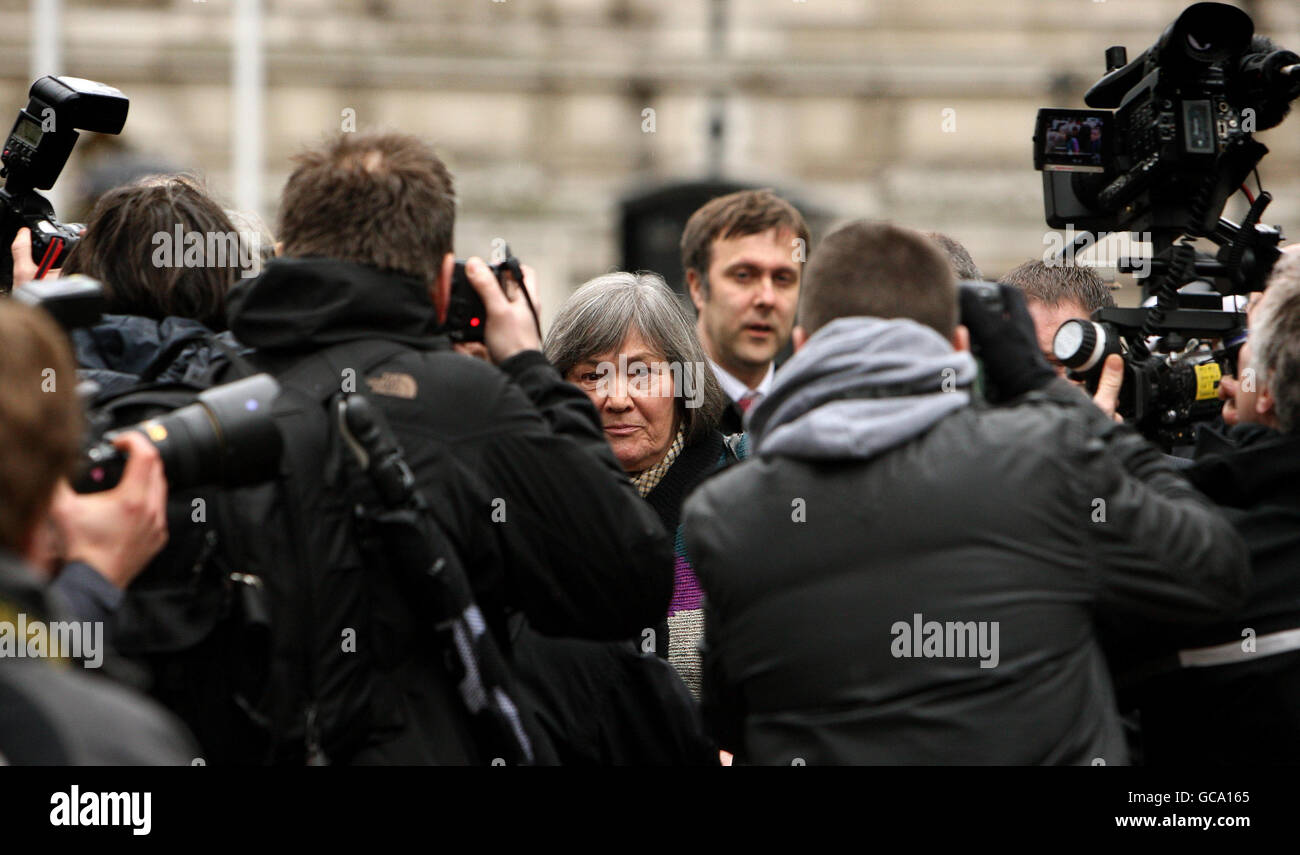 Former International Development Secretary Clare Short is surrounded by members of the media as she leaves after giving evidence to the Iraq Inquiry in London's Queen Elizabeth II conference centre. Stock Photo