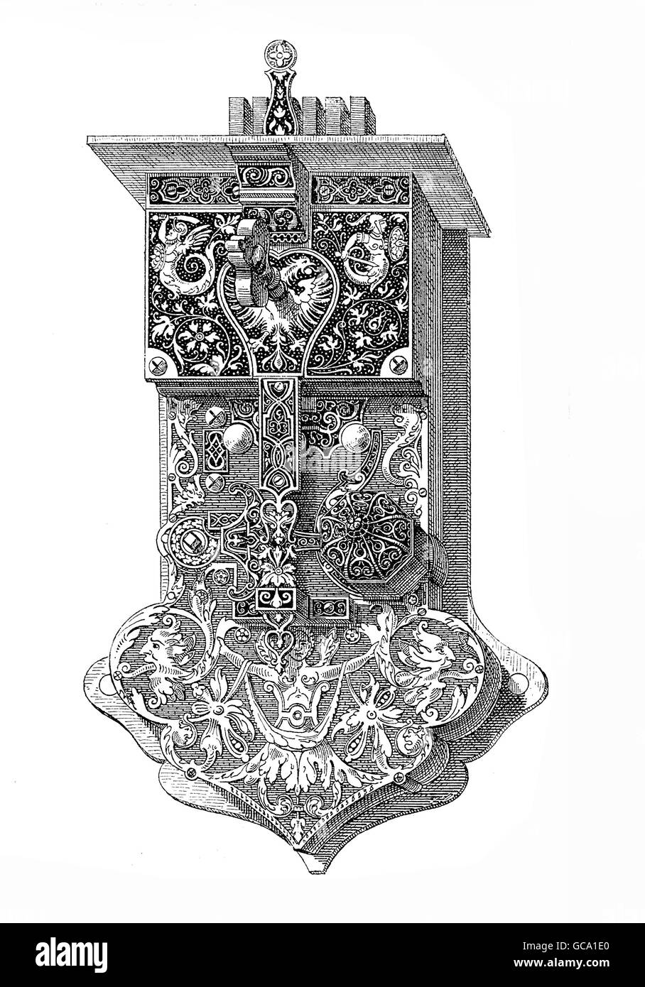 Massive doorlock engraved with floral motives. Exact date unknown, probably late XVI century. Upon key and knob size it may be inferred that it was meant for a somewhat huge and robust door. Stock Photo