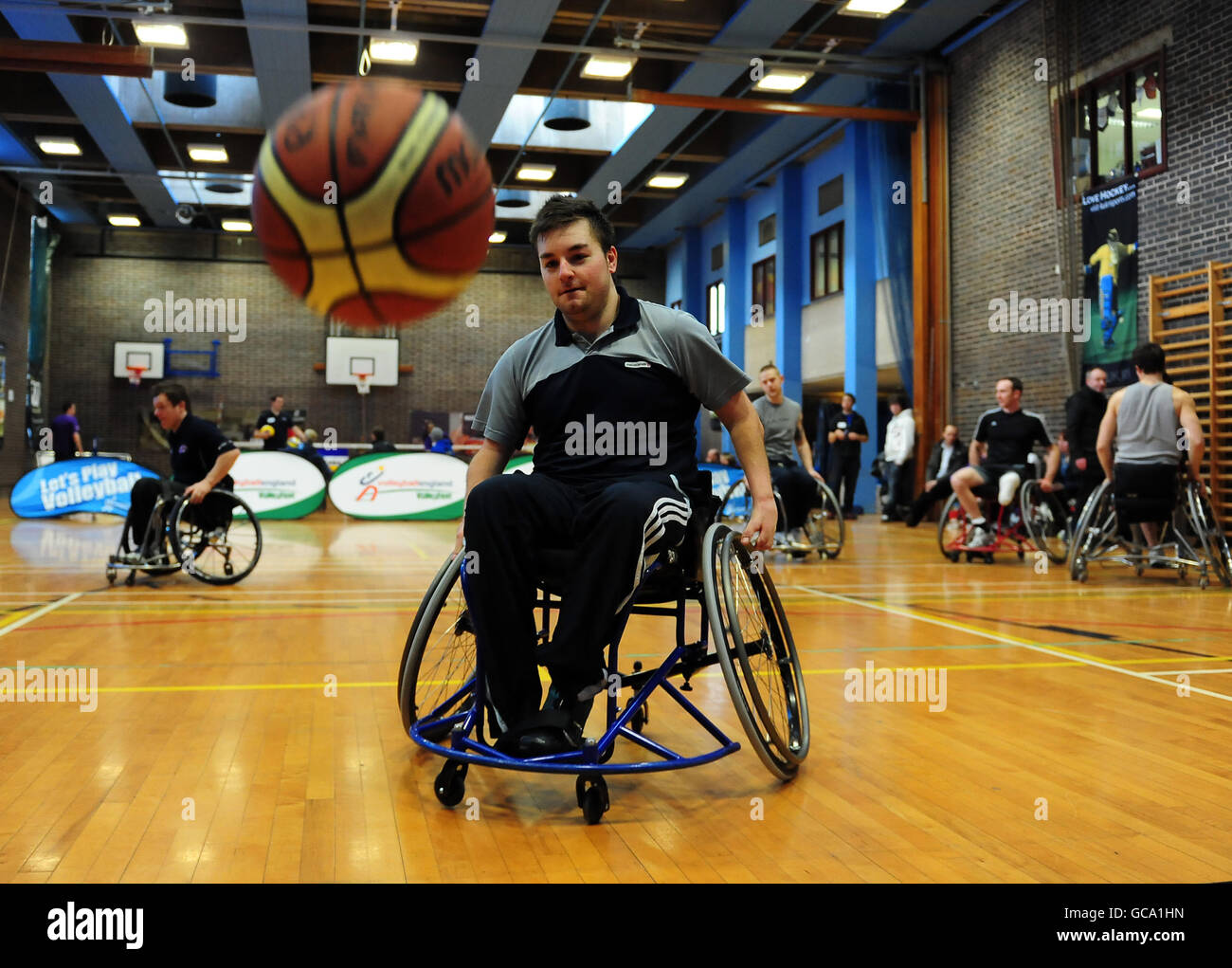 Press Association Journalist Alex Brooker takes part in the Basketball part of the ParalympicsGB London 2012 talent assessment day at the Munrow Sports Centre at the University of Birmingham Stock Photo