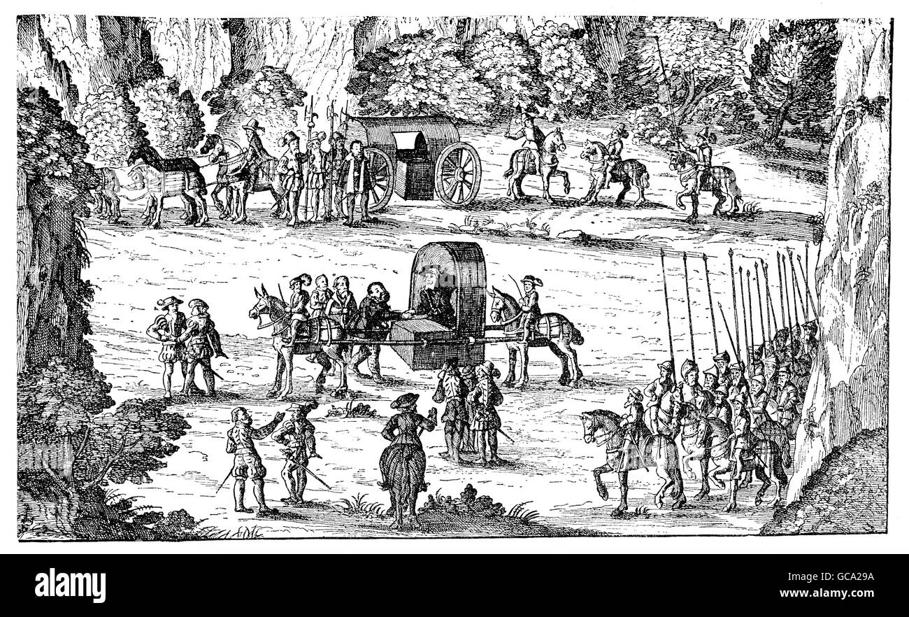 valediction of prisoner Elector Johann Friedrich. September 2nd, 1552: the Emperor Charles V  sits in a palanquin carrried by mules. In the background the Elector's coach. Reproduced in late XIX century from an original woodcut by an unknown master of XVI century. Stock Photo