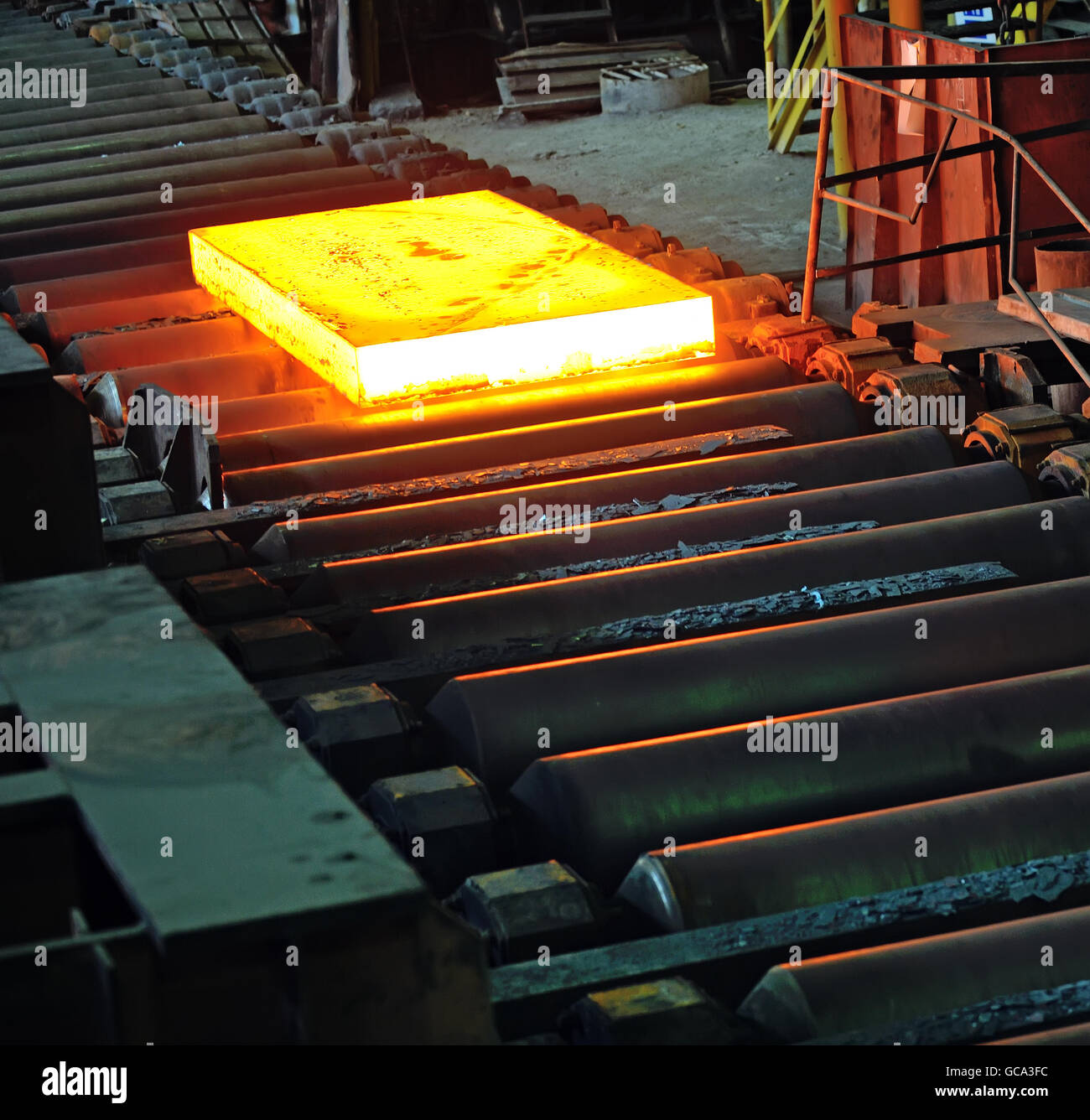 Hot steel plate in steel plant Stock Photo