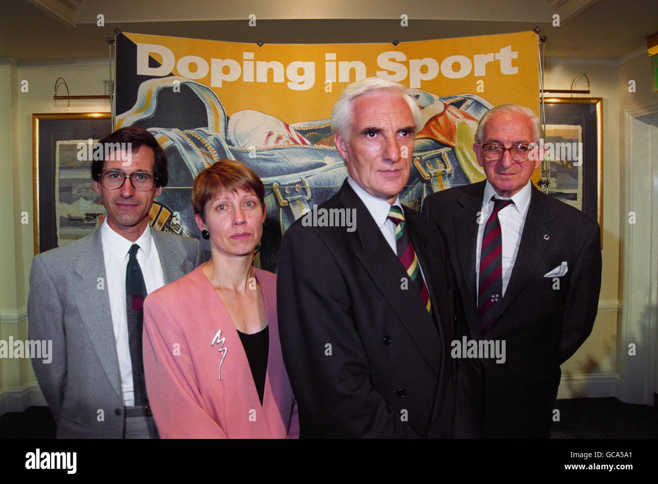 FROM LEFT: DR DAVID COWANS, HEAD OF THE LABORATORY FOR DOPE TESTING AT KING'S COLLEGE, MICHELLE VERROKEN, HEAD OF DOPING CONTROI AT THE SPORTS COUNCIL PROF PETER RADFORD, EXECUTIVE CHAIRMAN OF THE BRITISH ATHLETICS FEDERATION AND SIR ARTHUR GOLD, AT NEWS CONFERENCE. Stock Photo