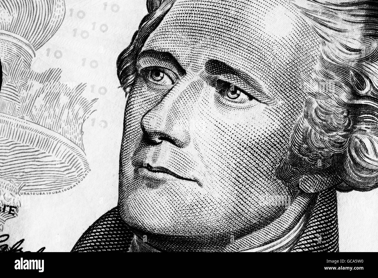 Portrait of Alexander Hamilton on the Ten dollars bill. Black and white. Close up. Stock Photo